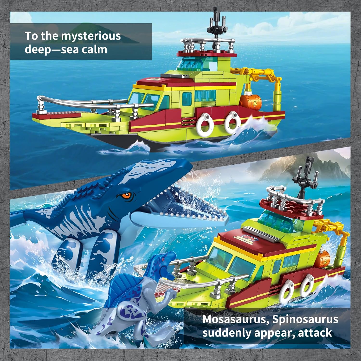 3 in 1 Sea Dinosaur Building Blocks Kit Set, Compatible with Lego Dinosaur World Park Spinosaurus Mosasaurus Discovery Crossing Ocean World Building Set, Boat STEM Toys Gift Kids Adults Boys Age 8-12