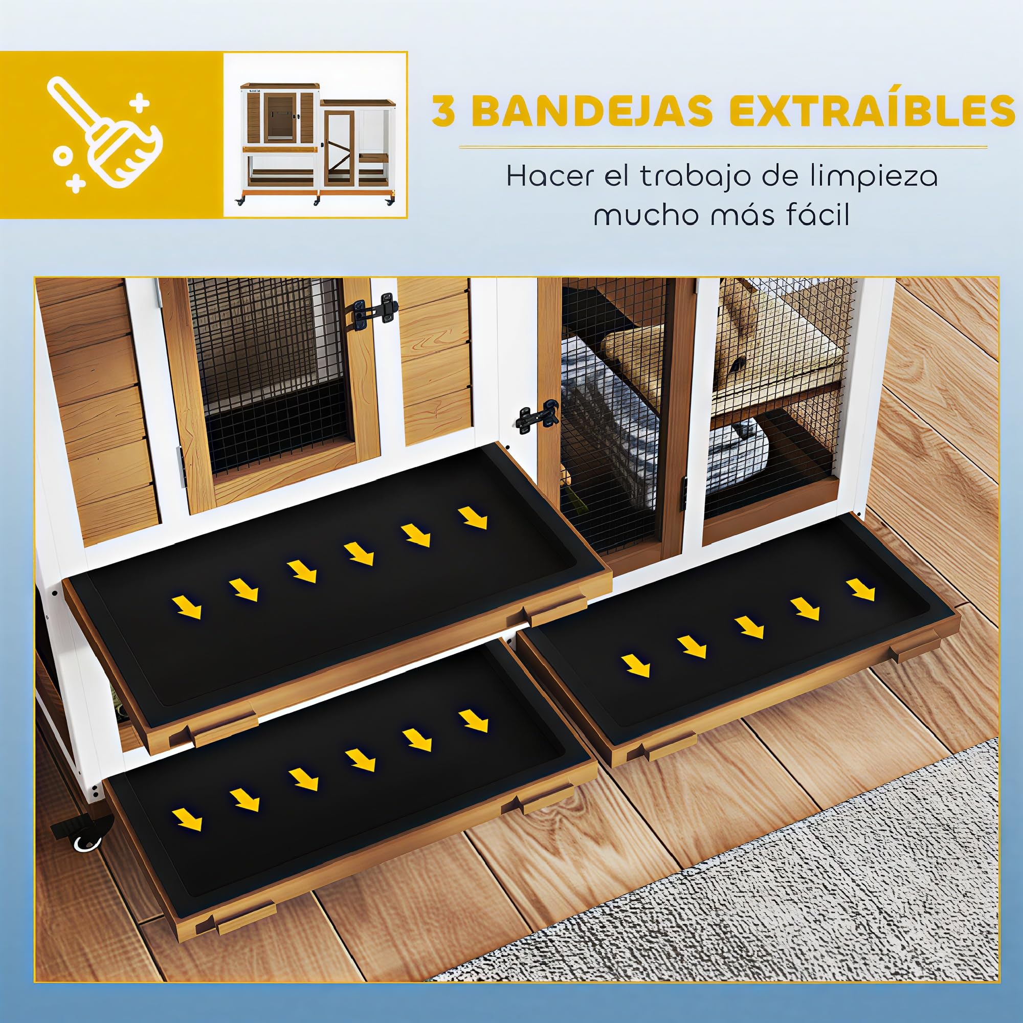 PawHut Conejera de Madera de 2 Niveles Jaula para Conejos con 6 Ruedas 2 Escaleras 3 Bandejas Extraíbles Puertas con Cerraduras y Zona Abierta Conejera para Interior 110x50x86 cm Marrón
