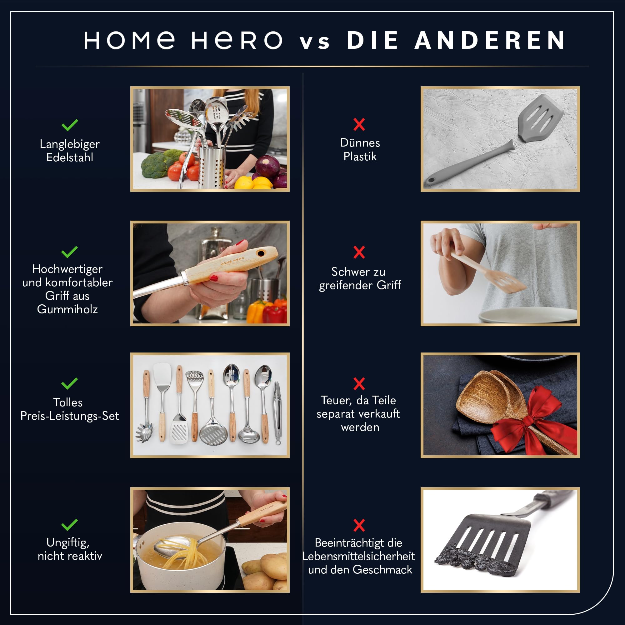 Home Hero Edelstahl-Küchenutensilien-Set - Antihaft-Edelstahl-Kochutensilien-Set - Hitzebeständige Küchenutensilien & Küchenhelfer aus Metall (10 tlg- Holz und Silbe)