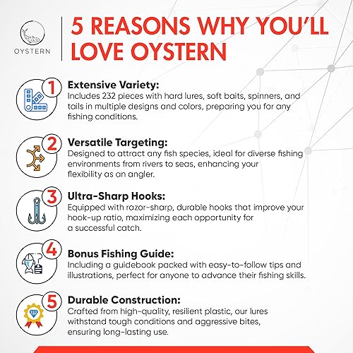 Miniatura 2 de Oystern Kit de señuelos de pesca de 232 piezas, caja de aparejos de pesca, incluye señuelos de pesca, cebos giratorios, cebo de pesca, señuelos de