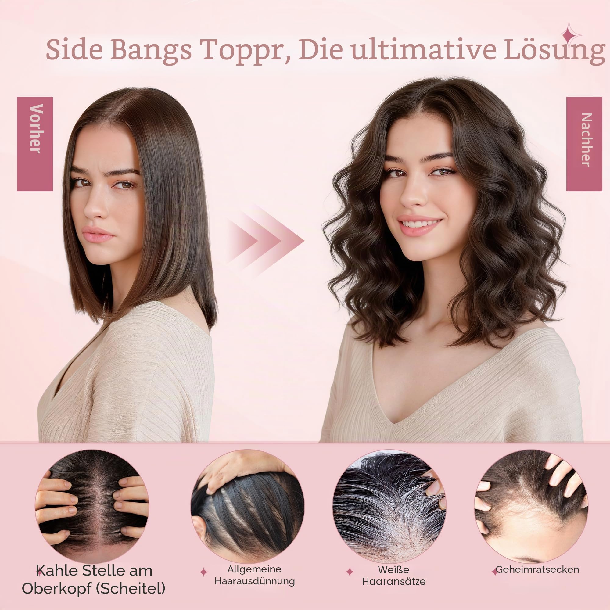 Haarteil Topper Remy Echthaar Clip in Extensions Toupet mit Side Bangs Haarverlängerung Pony Toupee Frauen mit 3 Clips 35 cm # 02