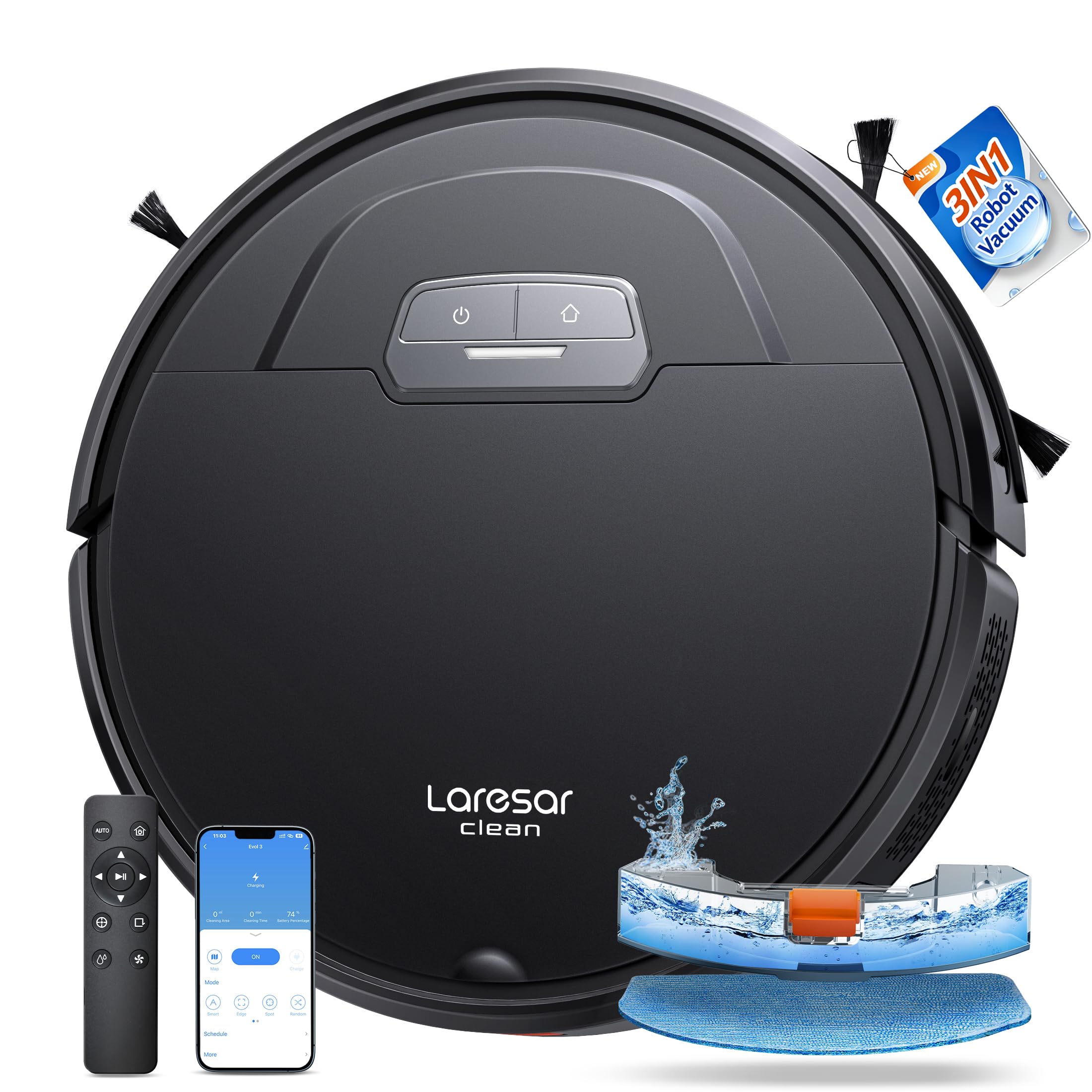 Laresar Clean Robot Vacuum Cleaner with Mop, 4500Pa Strong Suction, Robotic Vacuum, 180mins Runtime, Alexa/APP, Robot Vacuum with Auto Carpet Boost, Ideal for Pet Hair, Hard Floors, Carpet (Evol 3)