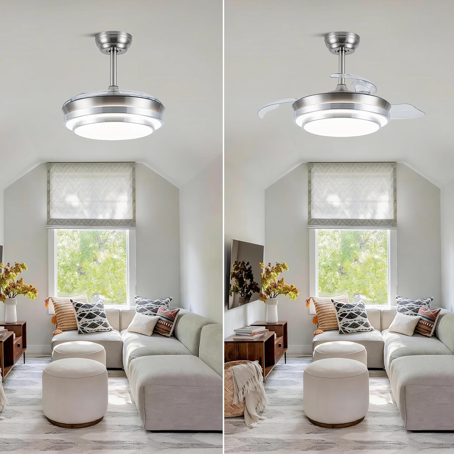 36" Retractable Ceiling Fan with Lights and Remote, Modern Fandelier Ceiling Fan Chandelier LED Light for Bedroom Living Room, Brush Nickel 3CCT Dimmable Reversible DC Motor 6 Speeds