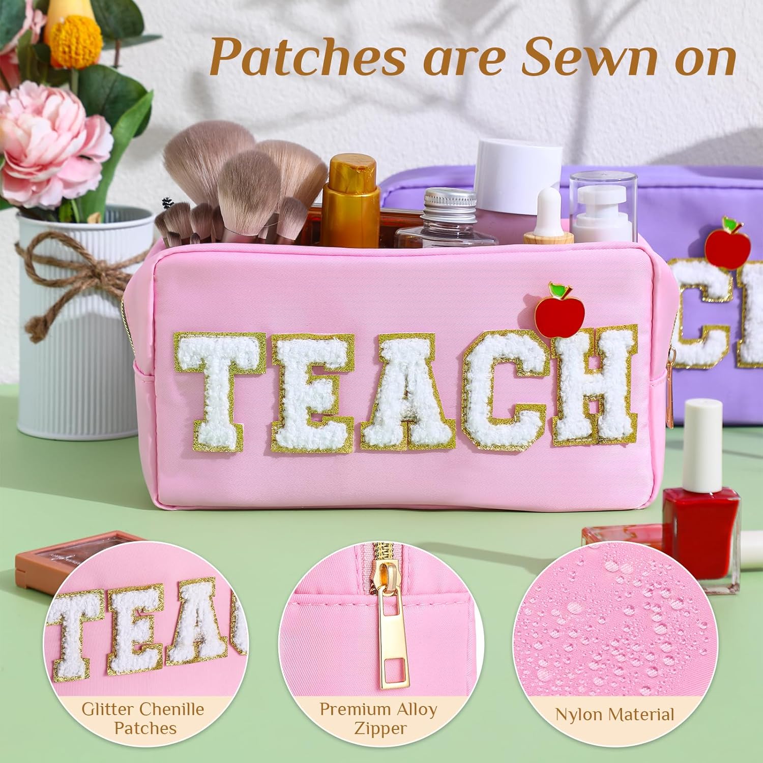 Kacctyen 6 Pcs Teacher Appreciation Gifts Teach Bags Bulk Chenille Makeup Bag Pouch Zipper Cosmetic Bag with 6 Pcs Preppy Apple Pins for Students Teacher Women School Graduation Retirement Gifts