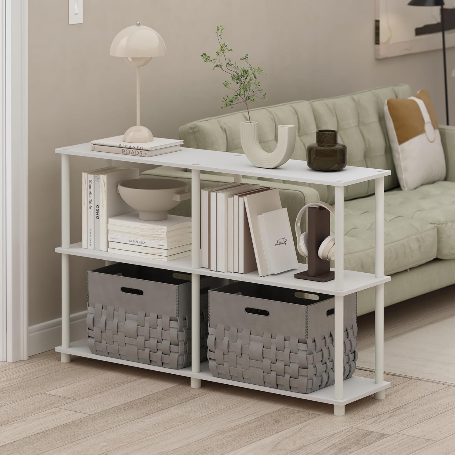 furinno turn-n-tube storage shelves, 3-tier 47.4 wide book shelf, corner shelf, toolless open shelves, for organization and storage, living room, garage, home office, white white/white plastic pole 2 x 2