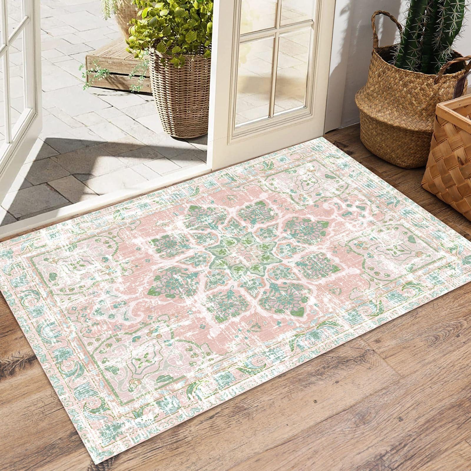 Tapis bohème vintage lavable à motif floral pour salon, chambre à coucher, salle à manger, entrée, 160 x 200 cm, rose poudré neutre et vert