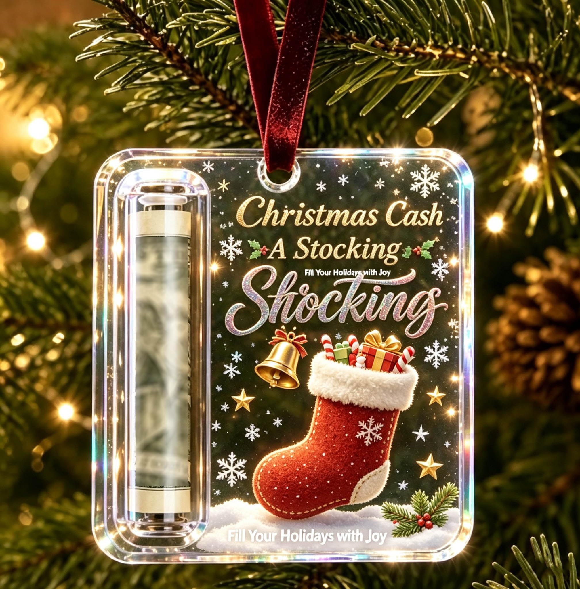 Christmas Money Holders for Cash – Acrylic Money Holder Ornament with Festive Design, Hanging Xmas Tree Cash Gift Holder for Stocking Stuffer, Graduation, Money Gift Ideas，#E