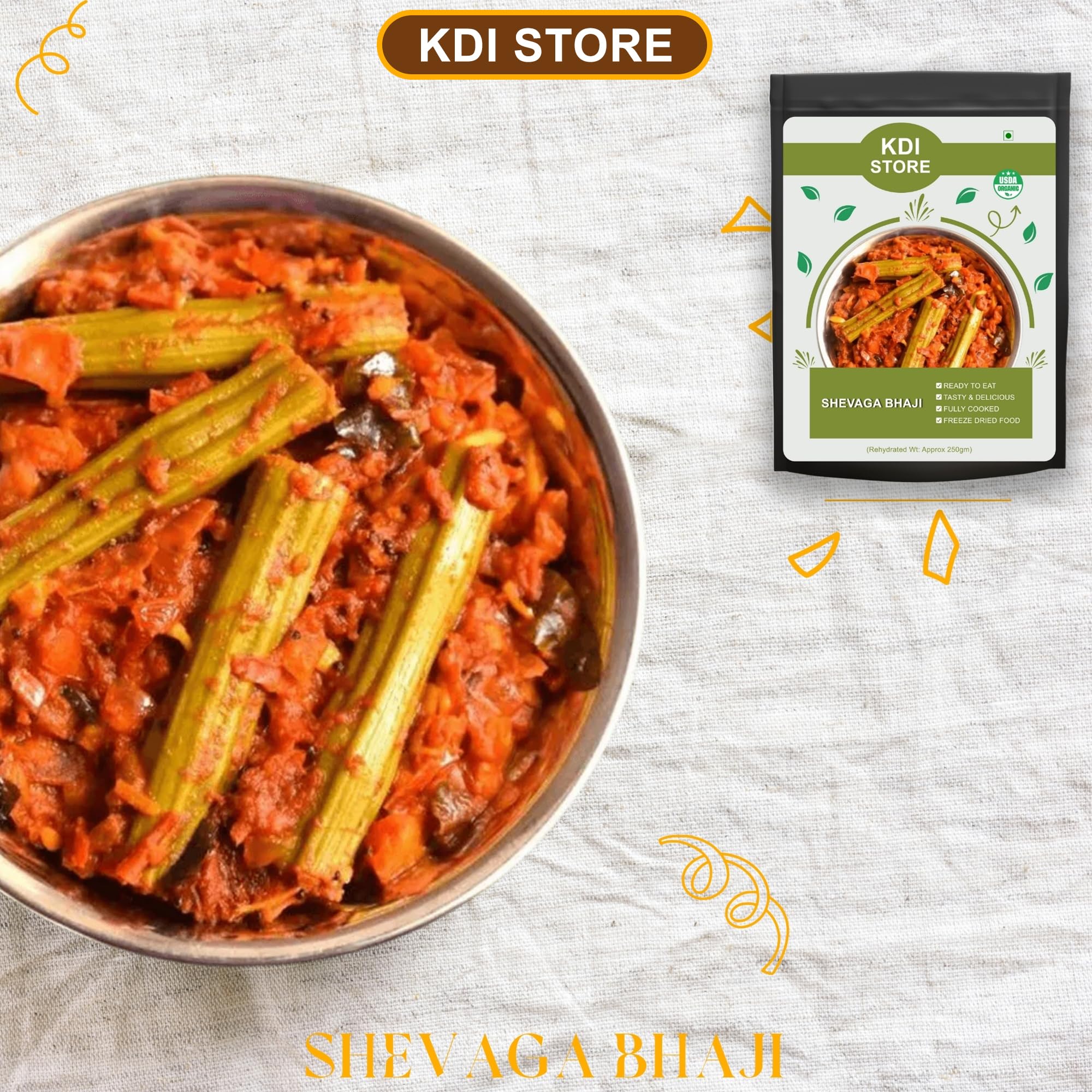KDI Store Shevaga Bhaji, Ready to Eat Indian Drumstick Curry, USDA Organic, Freeze Dried Food, 250g