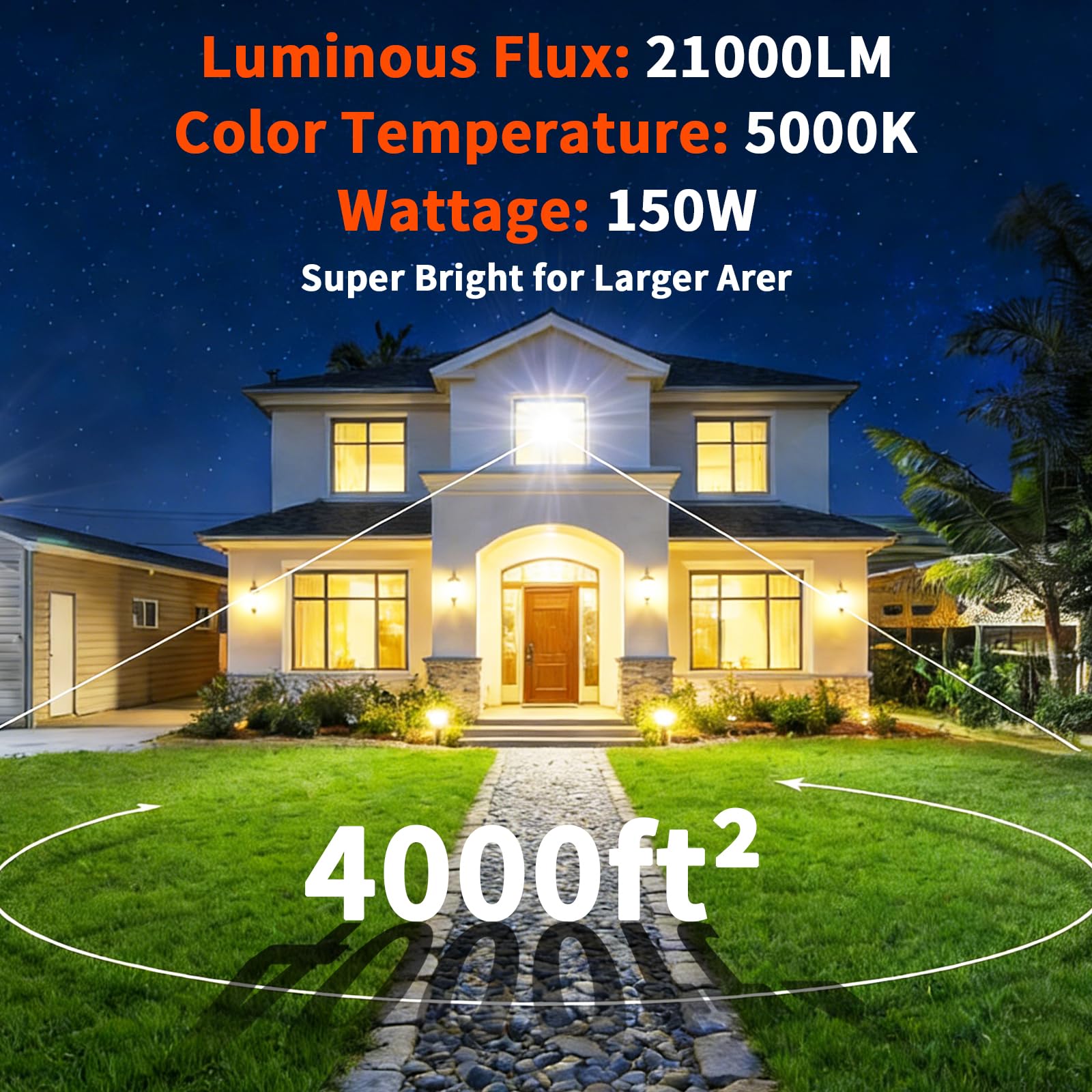 150W Flood Lights Outdoor 21000lm Bright LED Work Light with 10ft Plug 5000K Daylight White Flood Lighting IP66 — view 4