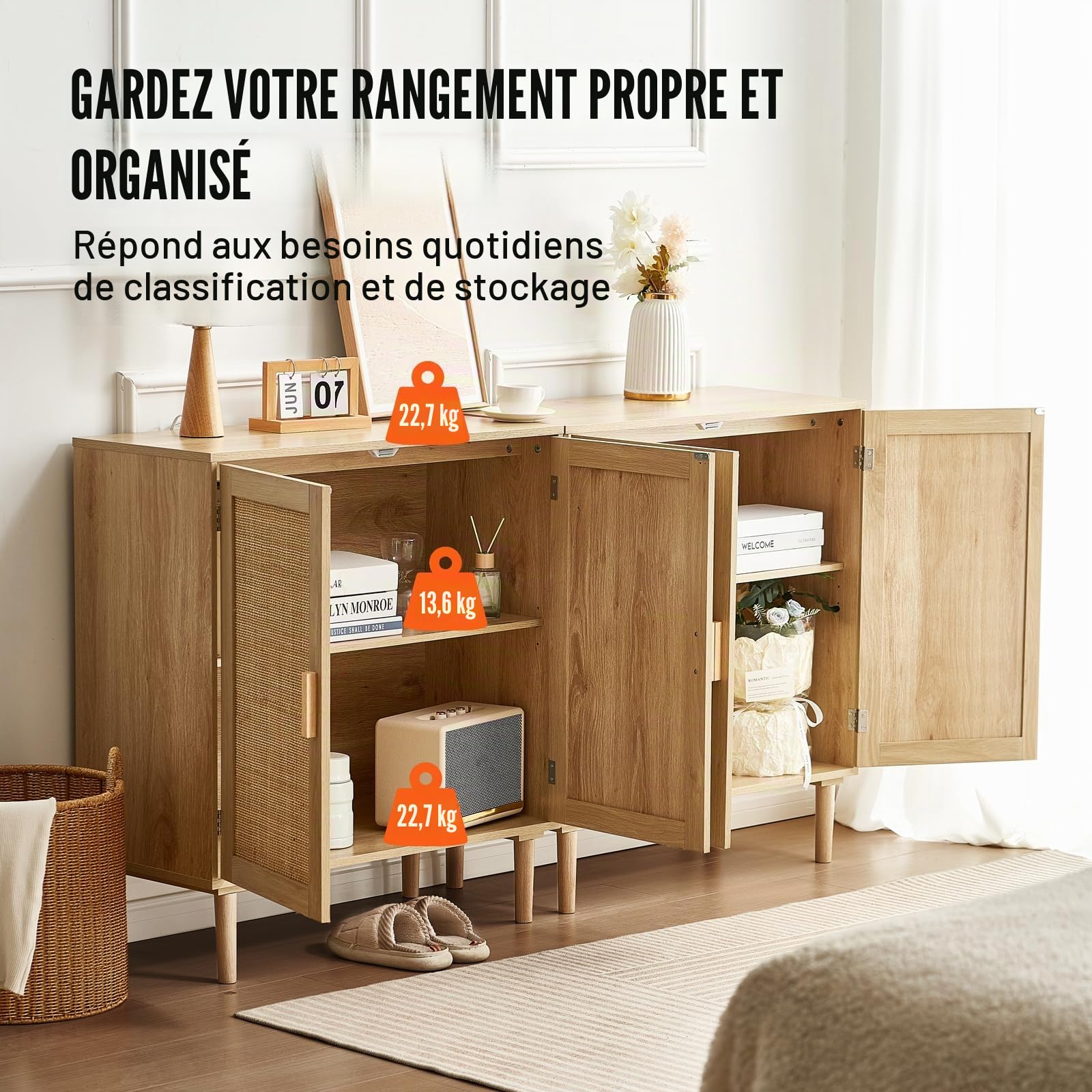 VEVOR Armoire en rotin, Lot de 2, Armoire de Rangement en rotin avec 4 Portes magnétiques et étagères réglables, Commode en rotin Polyvalente, Buffet pour Couloir, entrée, Naturel, 160 x 37,5 x 88 cm