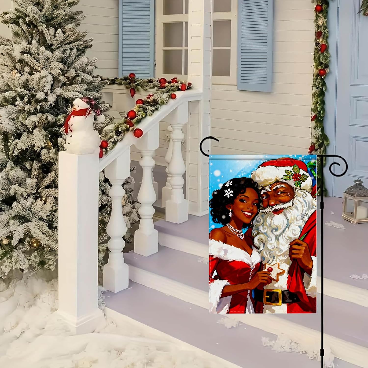 HOMETITUTE Merry Christmas African American Black Santa Garden Flag 12x18 Inch Double Sided Santa and Mrs Claus Couple with Cookie Blue Snowflake Flags Holiday Outdoor Winter Yard Decor - Image 4