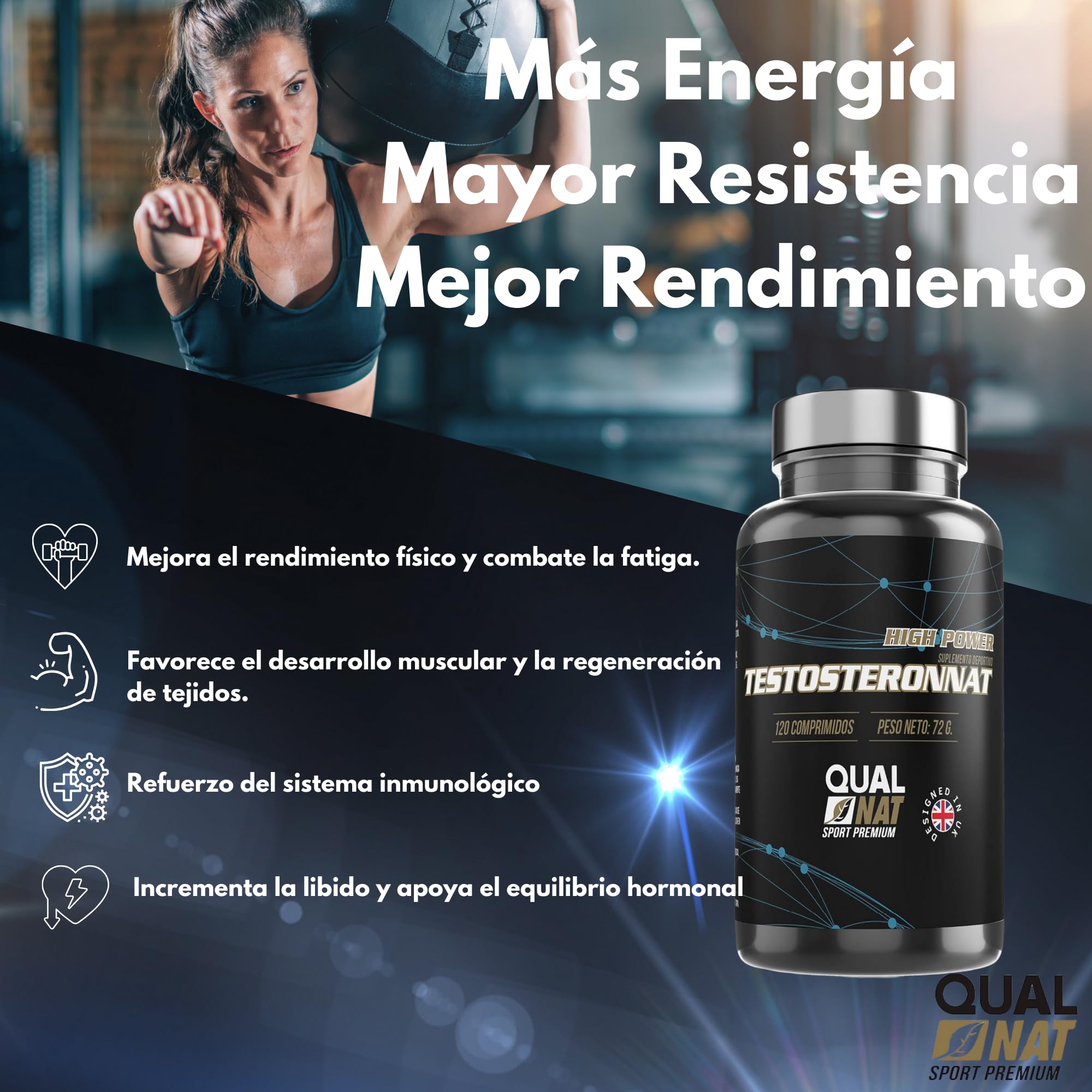 QUALNAT Testosterona Pura Maca + Zinc 240 Comprimidos para Aumentar Masa Muscular y Energía