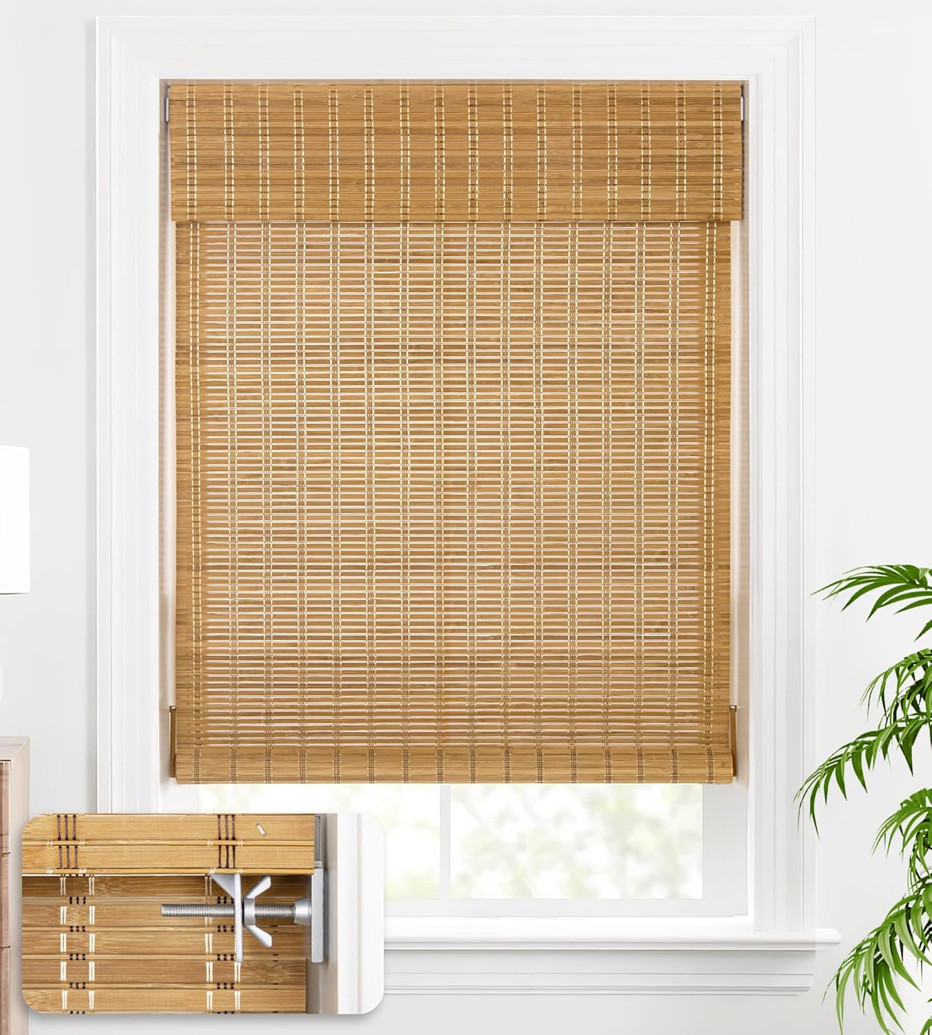 LazBlinds No Tools No Drill Bamboo Roller Shades, Cordless