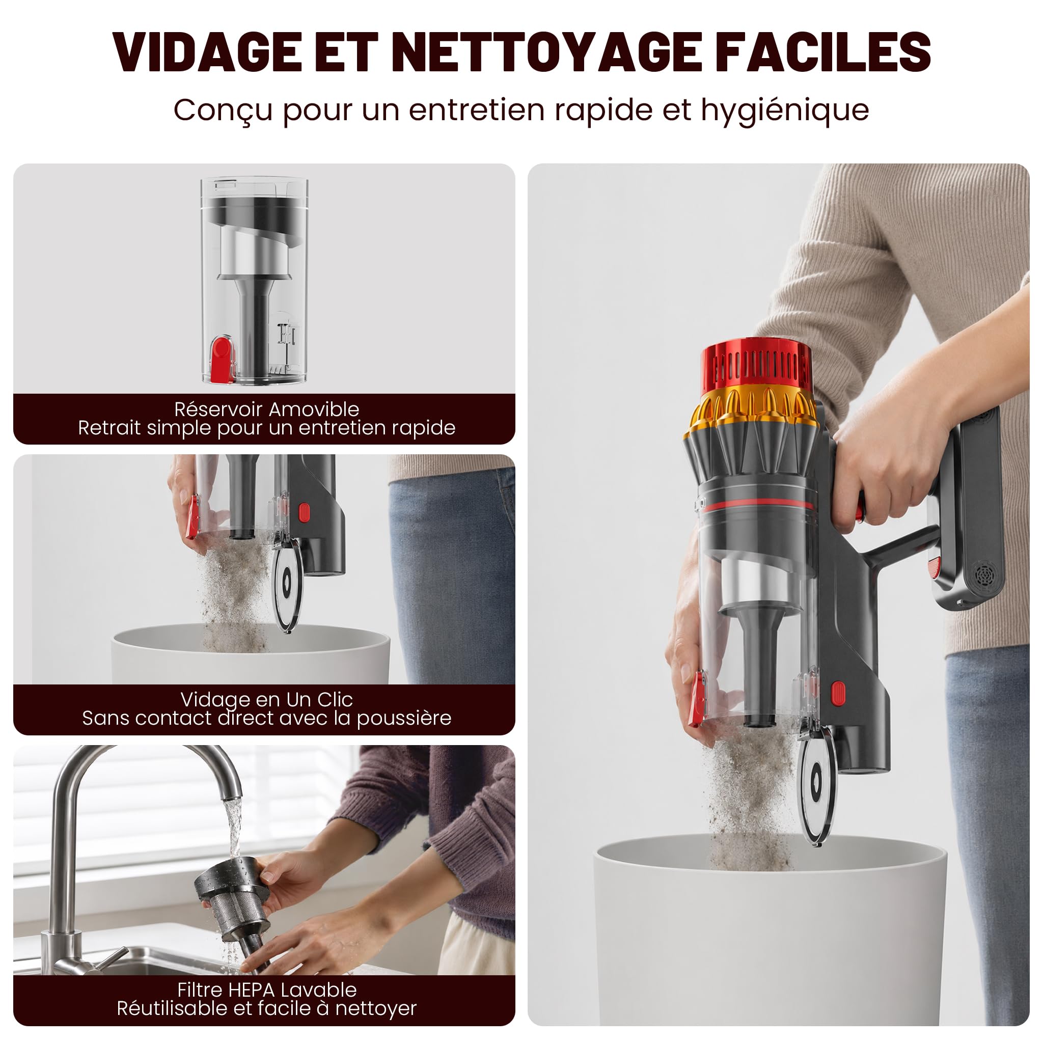 Aspirateur Balai sans Fil, 550W/75kPa, Autonomie 70 Min, Aspirateur à Main sans Sac, Position Verticale, LED Verte, Brosse Anti-Emmêlement, Filtre HEPA Lavable, Collecteur 1,6 L