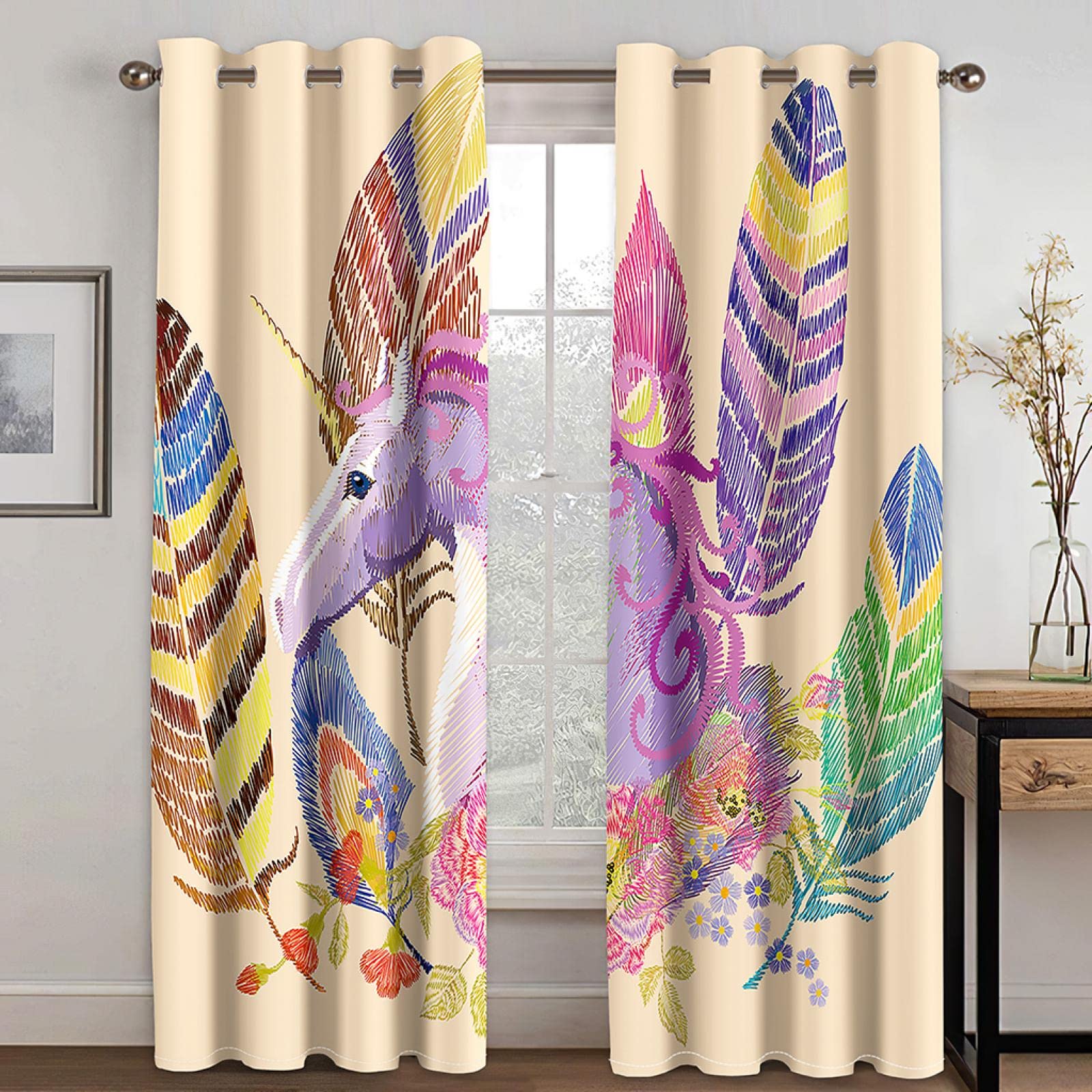 Rideaux occultants pour Enfants, Motif Licorne Violette, Plumes de Dessin animé, 140 x 140 cm, Isolation Thermique, Rideaux imprimés à œillets pour Chambre d'enfant, Lot de 2 Panneaux