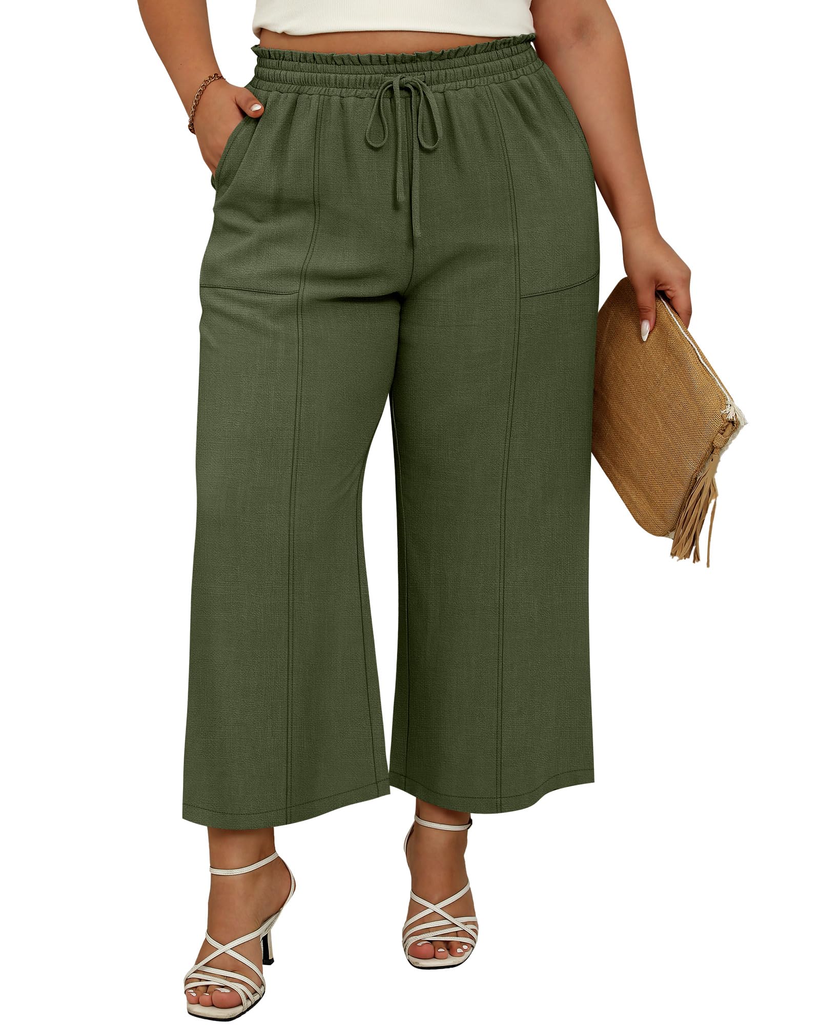 Neer Womens Plus Size Linen Cropped Pants Wide Leg High Waist Capri Pants Summer Casual Beach Trousers with
