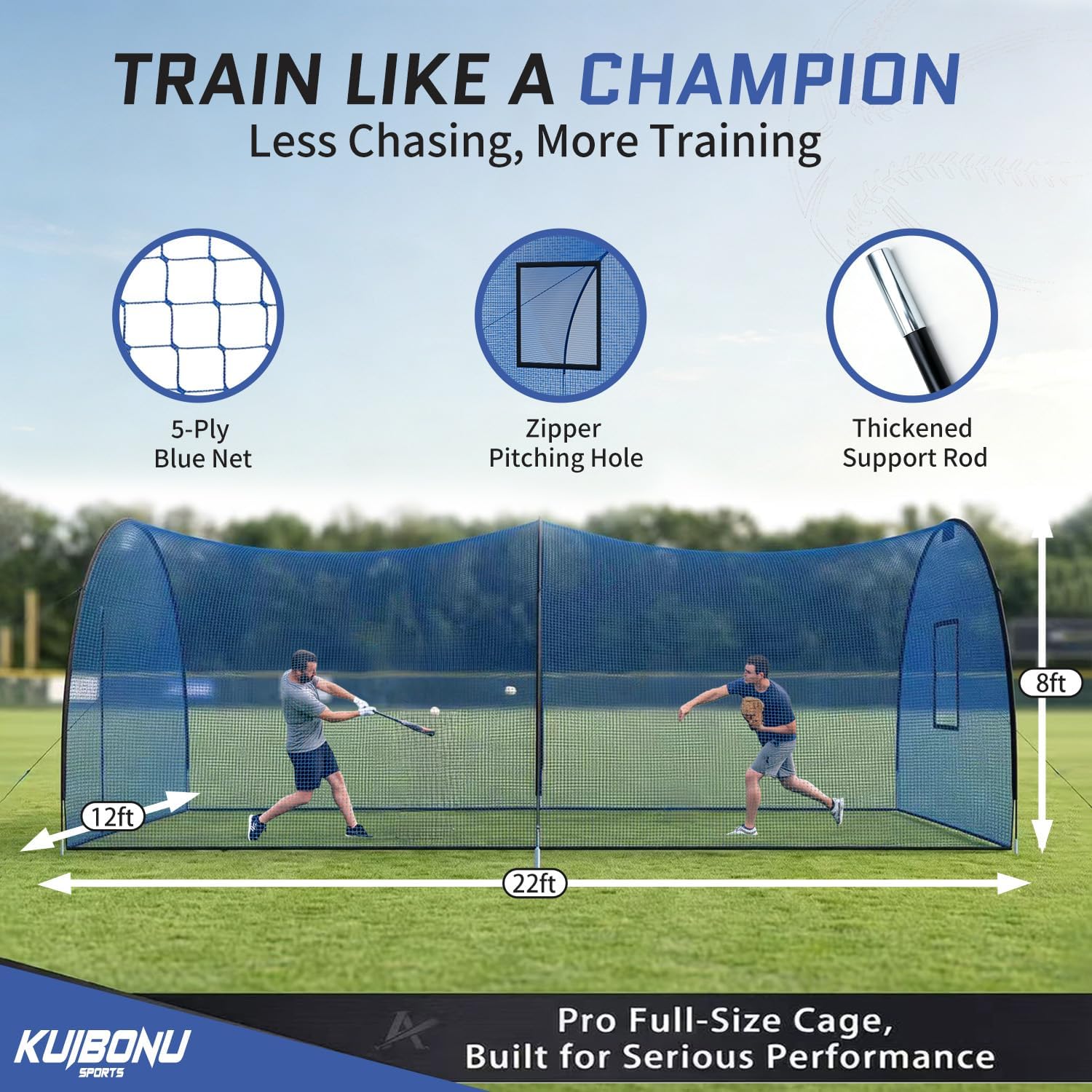 22ft x 12ft x 8ft Baseball Batting Cage, 5-Ply Blue Anti-Tear Netting, Zippered Pitching Machine Hole & Door, Batting Cages for Backyard