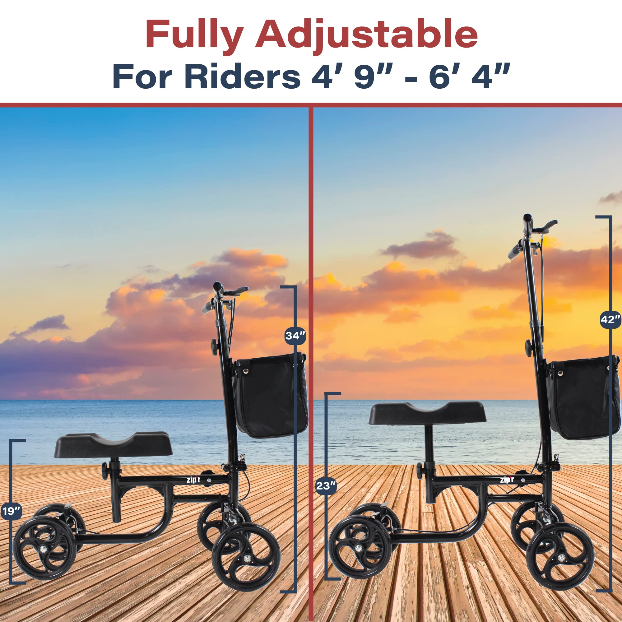 Zipr Coaster Medical Knee Scooter - Portable Knee Roller Scooter - Knee Walker Scooter with Removable Storage Bag - Steerable Knee Scooter Crutch - Ambidextrous Dual Braking Rolling Knee Scooter Cart