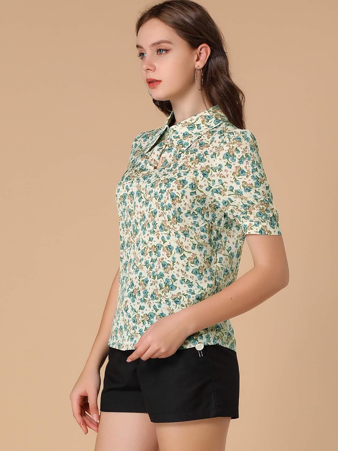 Allegra K Women's Elegant Shirt Collared 2025 Summer Short Sleeve 1950s Vintage Floral Blouse - Image 4
