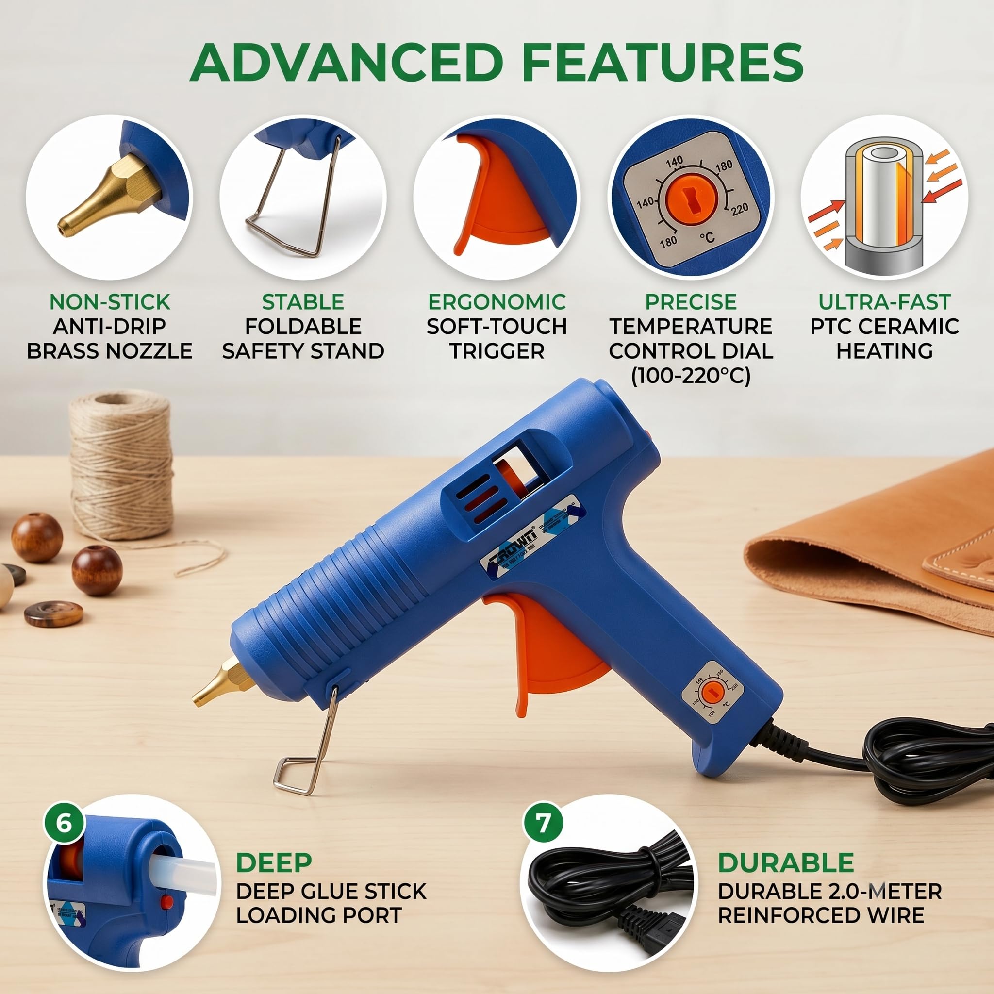 Crown 150W Heavy Duty Glue Gun with Temperature Control Regulator & Thin Nozzle for Precise Glue Output (DIY & Professional Use) + 5 Glue Sticks - CR-150 1