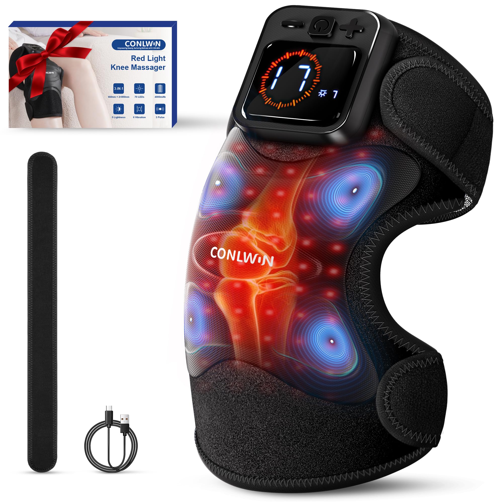 3 in 1 Cordless Knee Massager with Heat and Red Light Therapy for Knees, 6 Vibration & 4 Pulses Knee Pain Relief Device for Shoulder Elbow, Perfect for Women Men Seniors