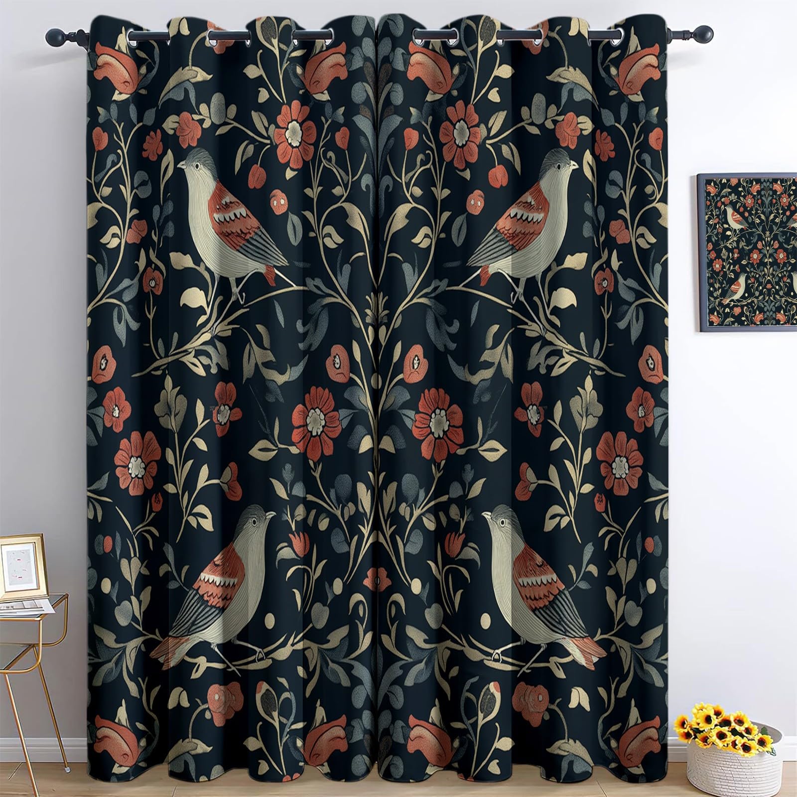 Cortinas Opacas Termicas Aislantes Frio Y Calor con Ojales 2 Piezas 75 x 166 cm 3D William Morris Pájaros Flores Cortinas Opacas Dormitorio Salon Modernas Juvenil Infantil Cortinas Cocina