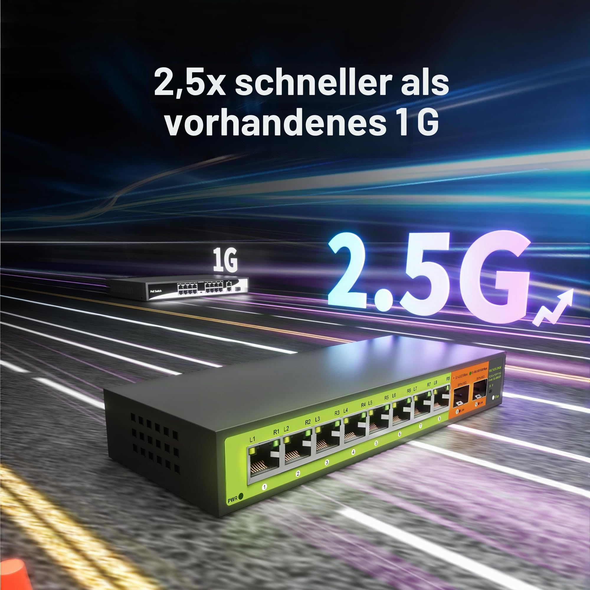 10 Port 2.5G SFP+ Ethernet Switch mit 8×2.5G RJ45 + 2×10G SFP+ Uplink, Unmanaged Multi-Gigabit Netzwerk-Switch, lüfterloses Metallgehäuse, VLAN-Modus, Plug & Play für NAS, Gaming, Home Office
