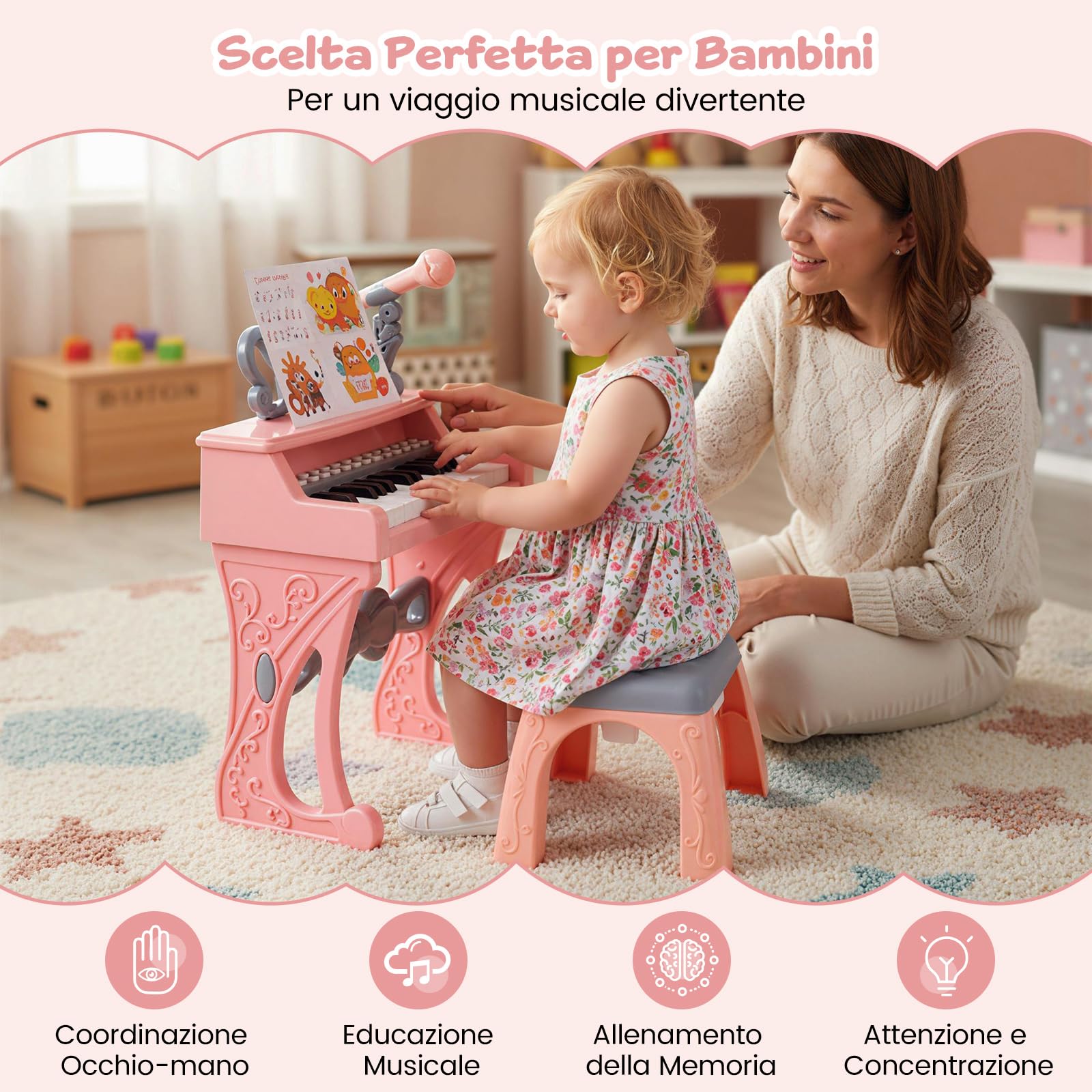 COSTWAY Set Tastiera Pianoforte per Bambini, Pianoforte Elettrico con 25 Tasti con Sgabello, Leggio e Microfono, Giocattolo Strumento Musicale per Bambini 3+ Anni