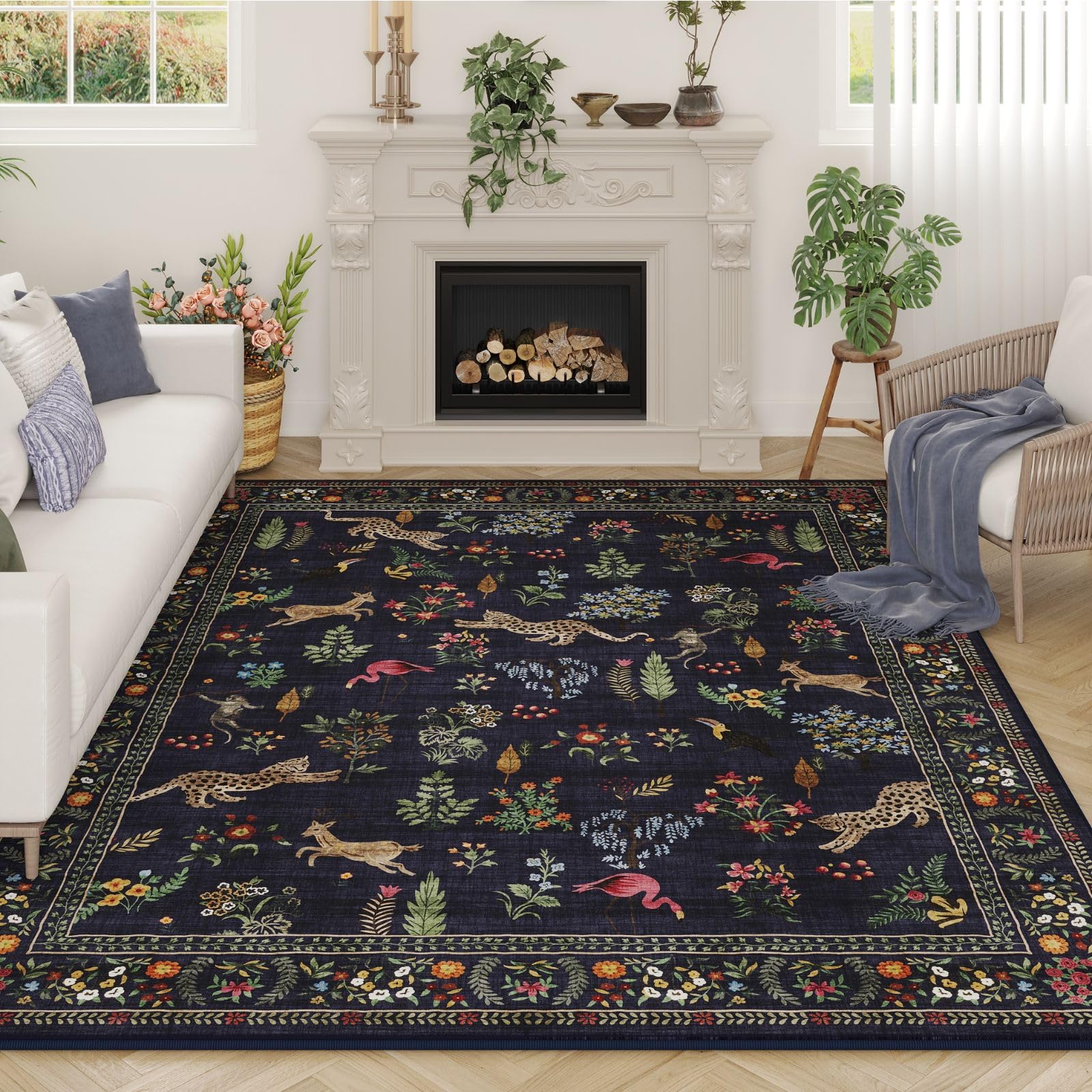 Rugcomf Area Rugs 8x10 Rug for Living Room Clearance Washable Boho Area Rug Non Slip Floral Animal Vintage Low Pile Large Rug for Living Room, Bedroom