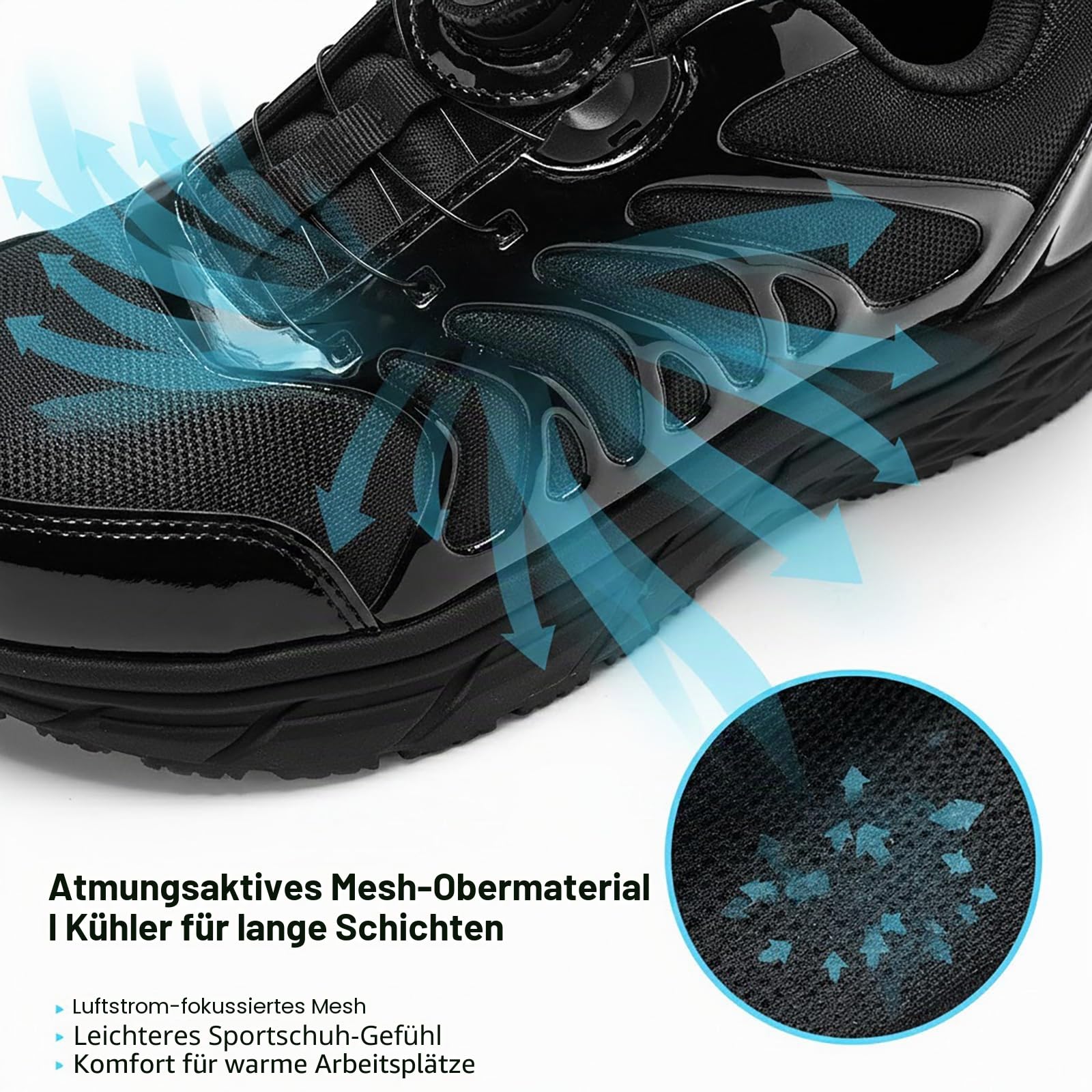 NIFOFISE Wide Fit Sicherheitsschuhe Herren Damen Stahlkappe Sneaker mit Quick-Fit Dial Schnürung Leicht Atmungsaktiv Breite Zehenbox Sicherheitsschuhe Alternative zu Arbeitsstiefeln, Schwarz , 38 EU