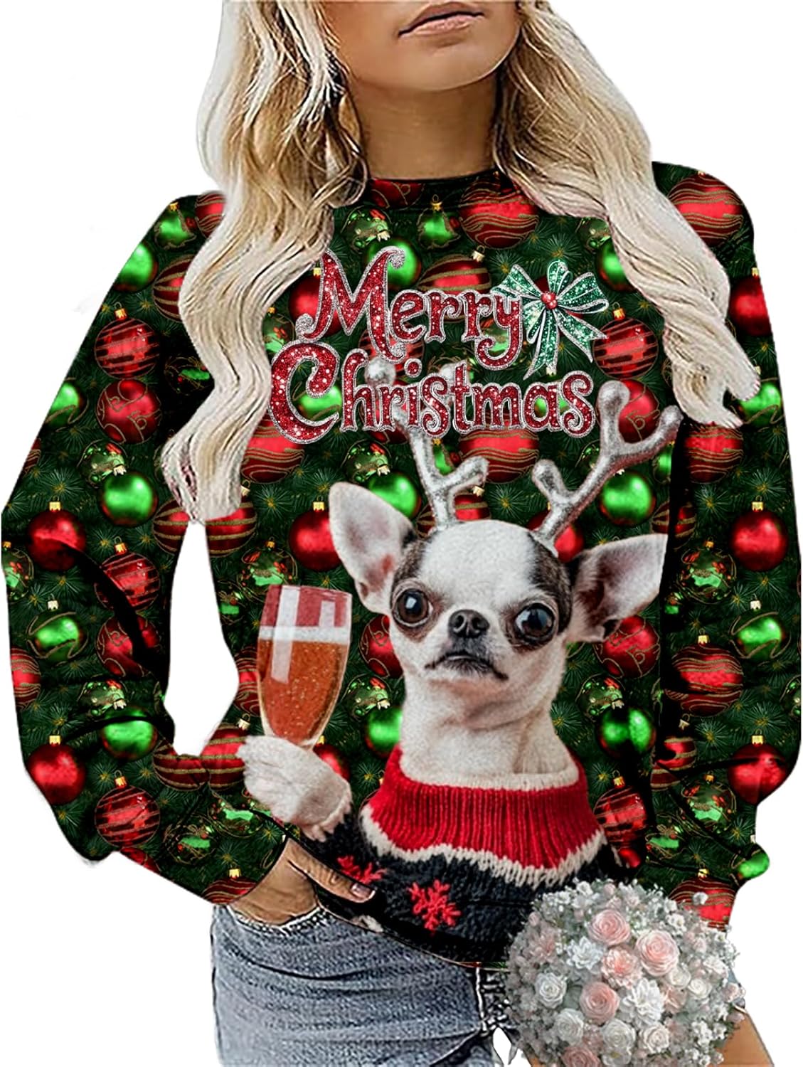 MARSVOVO Merry Christmas Long Sleeve Shirts for Women Funny Animal Cute Tops Casual Daily Festival Pullover Sweatshirts