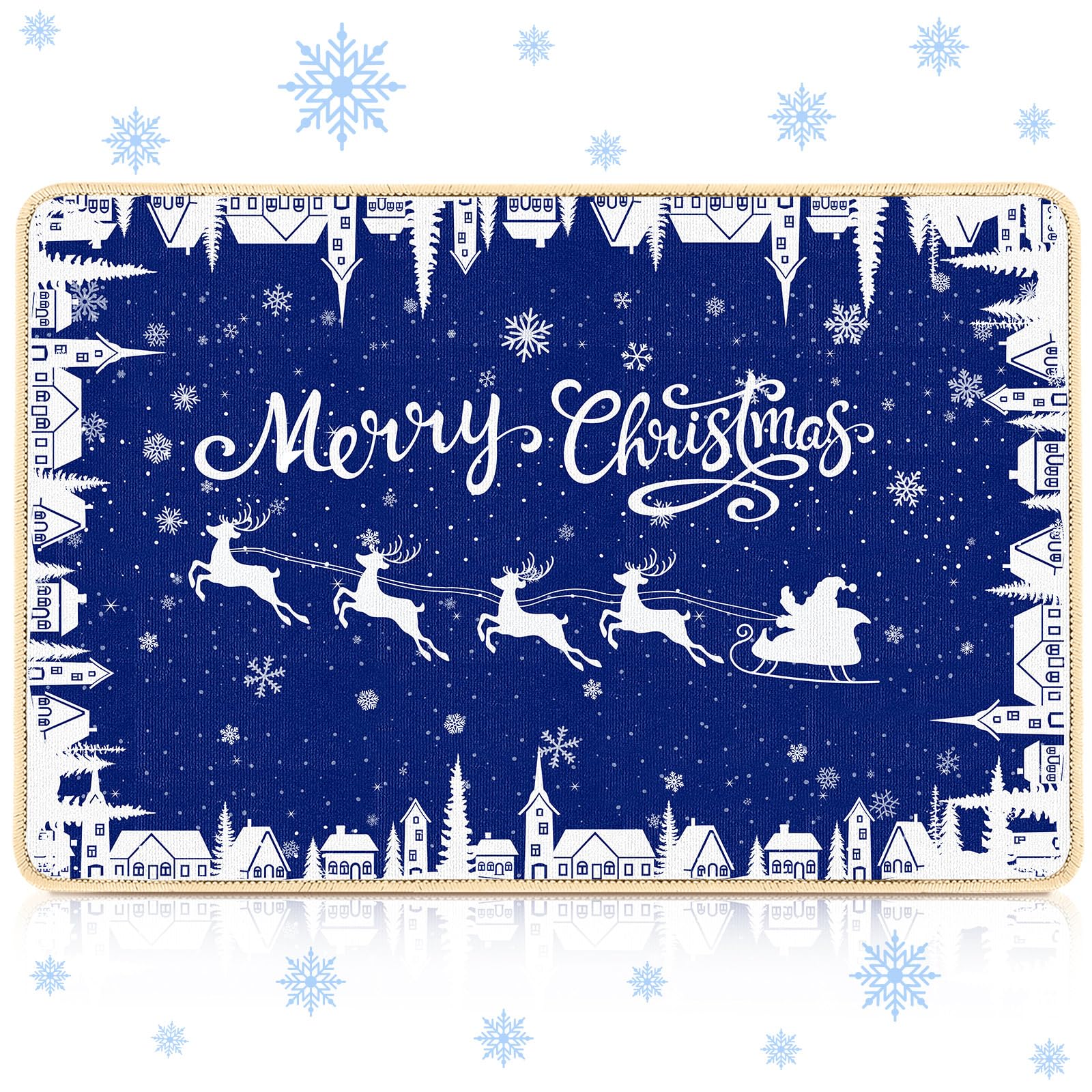 Dunzy Fußmatte, Motiv: blaue Schneeflocken, Motiv: Frohe Weihnachten, Winterdorf, Küchenteppich, Heimdekoration, rutschfest, waschbar, Teppich für Küche, Eingangsbereich, Schlafzimmer, Badezimmer