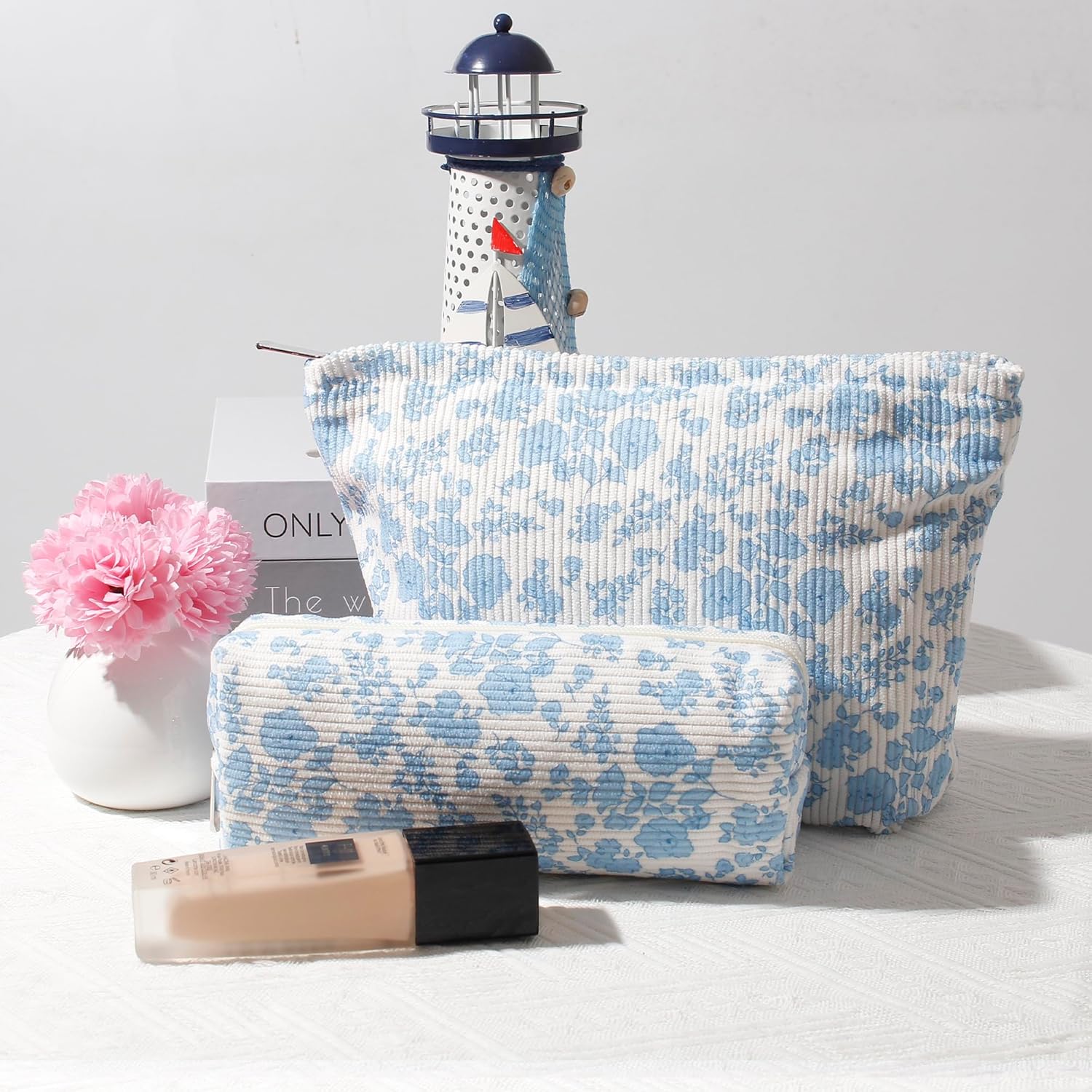 Makeup bag for Women, Flower Cosmetic Bags Zipper Pouch, Large Capacity Corduroy Makeup Bag, Travel Toiletry Bag Organizer for Women and Girls (Flower-A) - Image 8