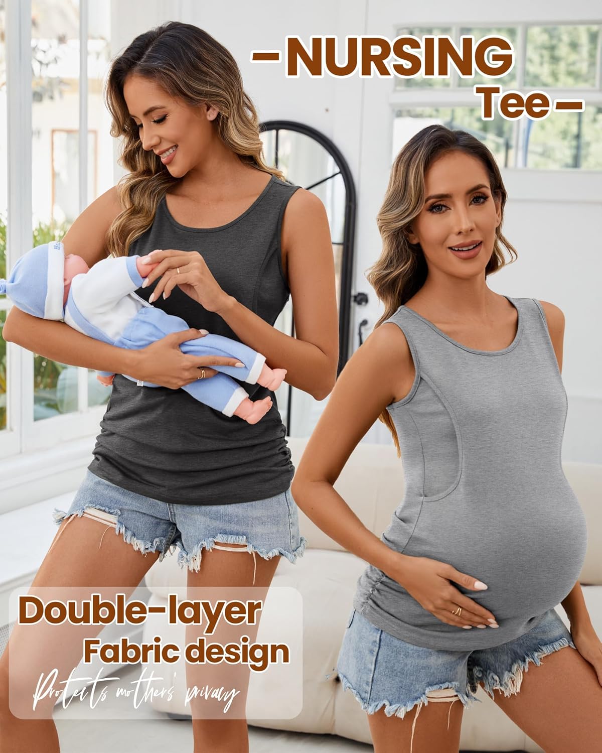Ficerd 4 Pack Women's Nursing Tank Tops Sleeveless Breastfeeding Maternity Shirts Double Layer Pregnancy Clothes - Image 4