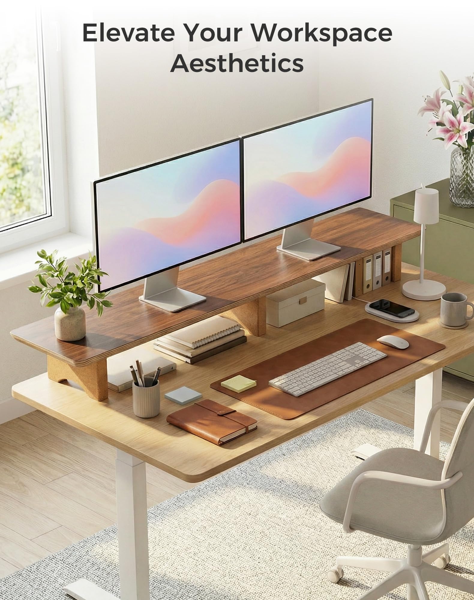 Aothia grande supporto per doppio monitor, mensola da scrivania in legno massello con gambe in eco sughero per computer portatile/TV/PC/stampanti per accessori da ufficio (noce nero)