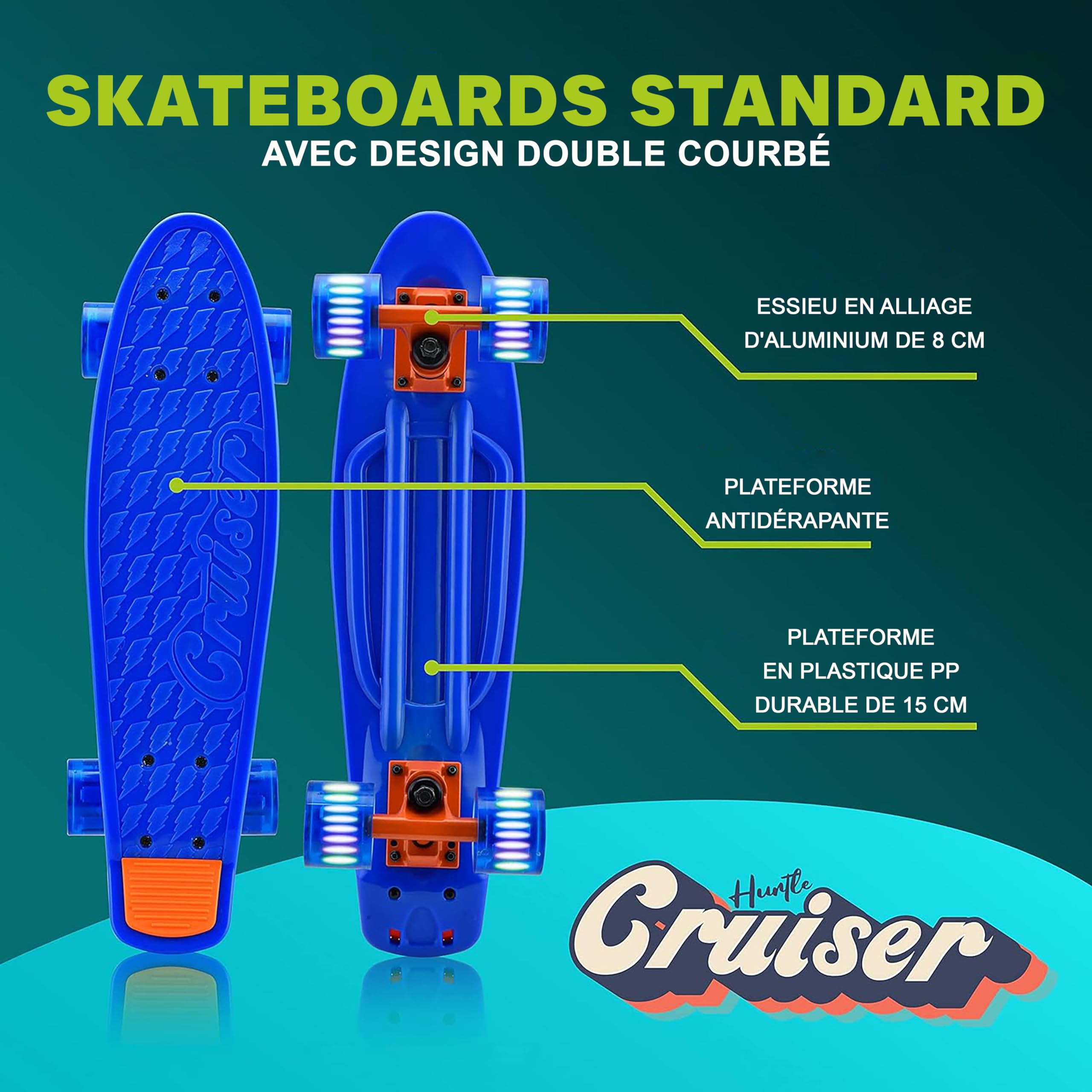 Hurtle Skateboard Enfant Planche à Roulette Pont PP 15 cm Camion Alliage Aluminium 8 cm Roues PU LED Lumière Fille Garçon