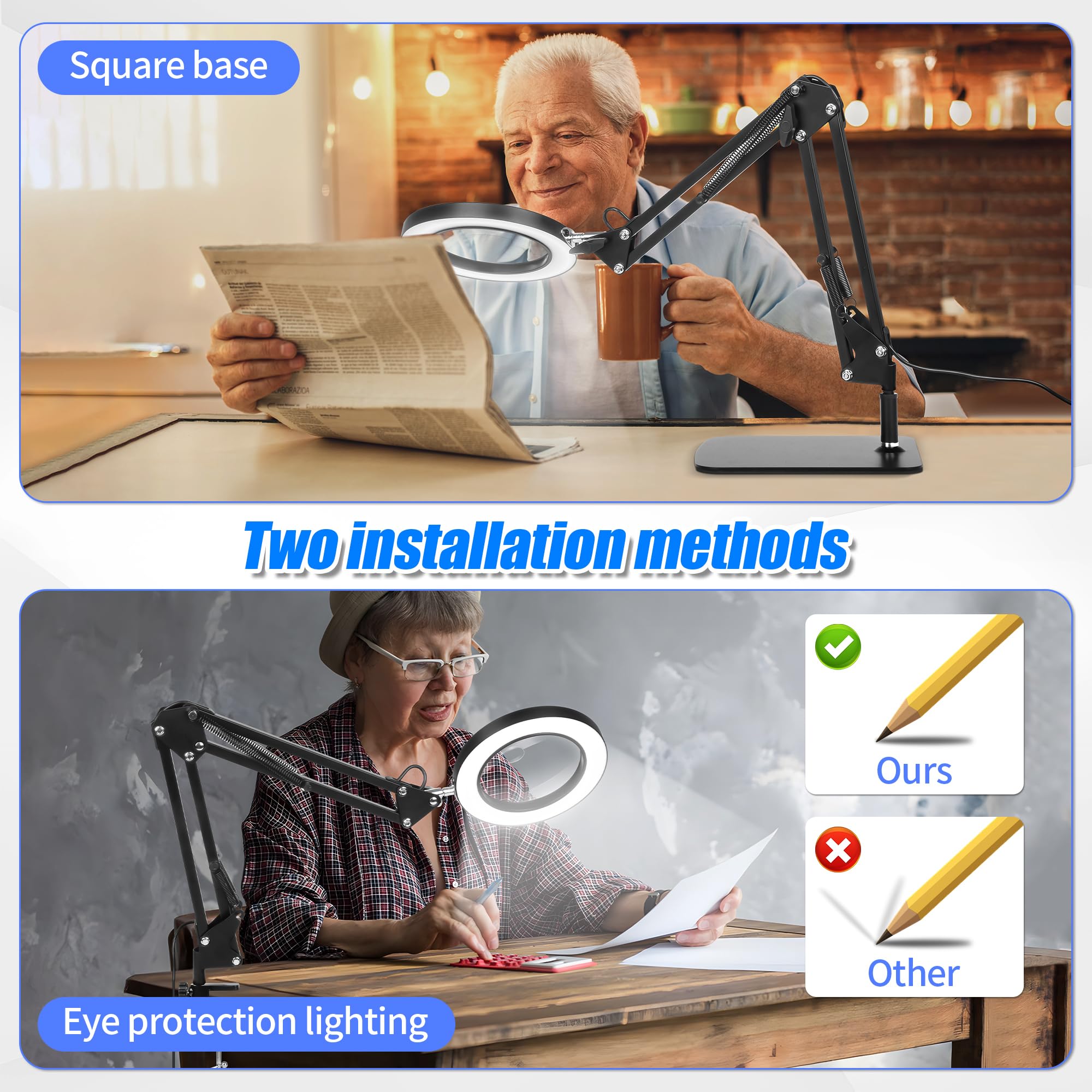 Loupe 15x 10x avec lumière et support, lampe de bureau 2 en 1 avec pince et base, 3 modes de couleur à intensité variable avec bras oscillant, lampe loupe éclairée par LED pour lecture, réparation,