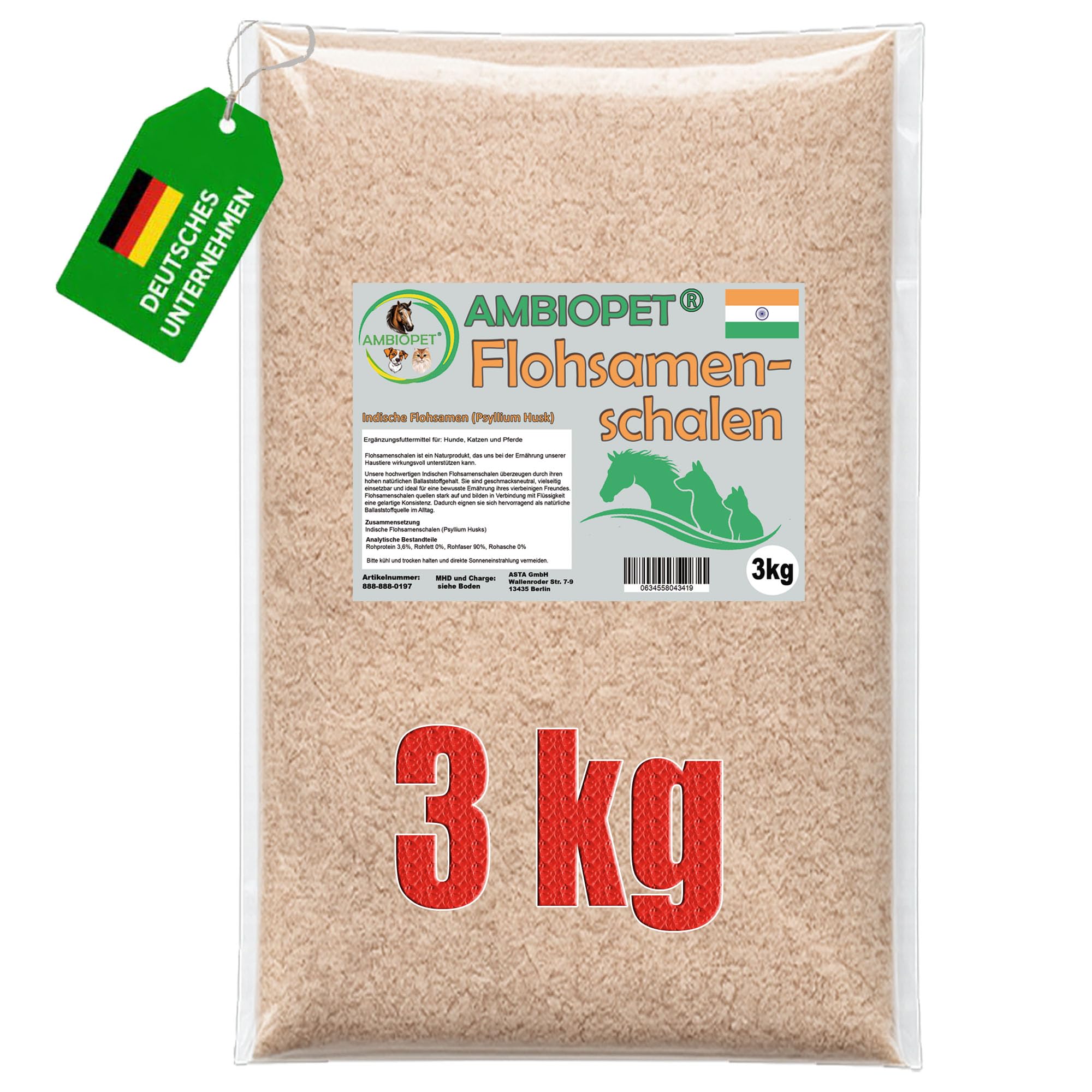 Flohsamenschalen (Psyllium Husks) gemahlen im 3kg Beutel, eine natürliche, geschmacksneutrale Ballaststoffquelle für den täglichen Bedarf von Hund, Katze und Pferd