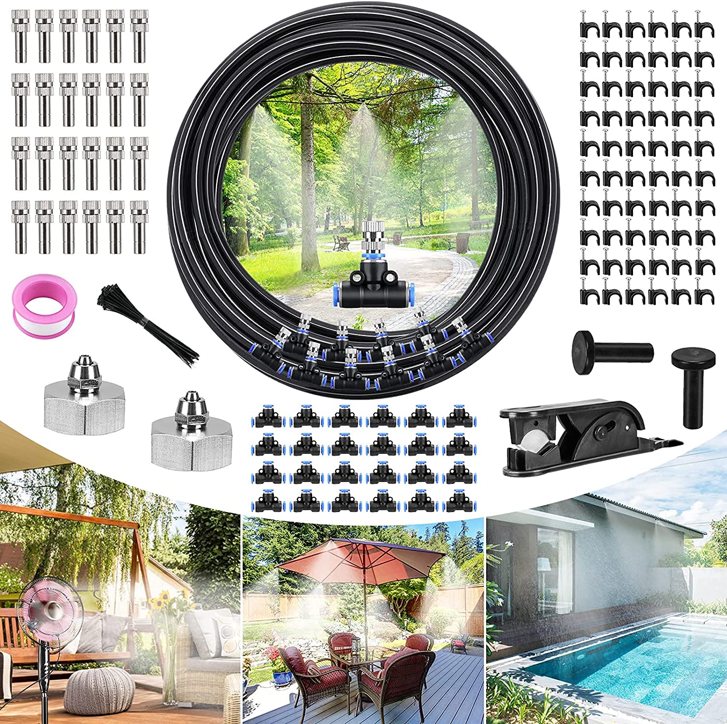 AiglamMisting Cooling System, Outdoor Misting System with 66FT(20M) PE Tubing, 24 Misting Nozzles & 2 Brass Adapters for Patio Garden Trampoline Greenhouse