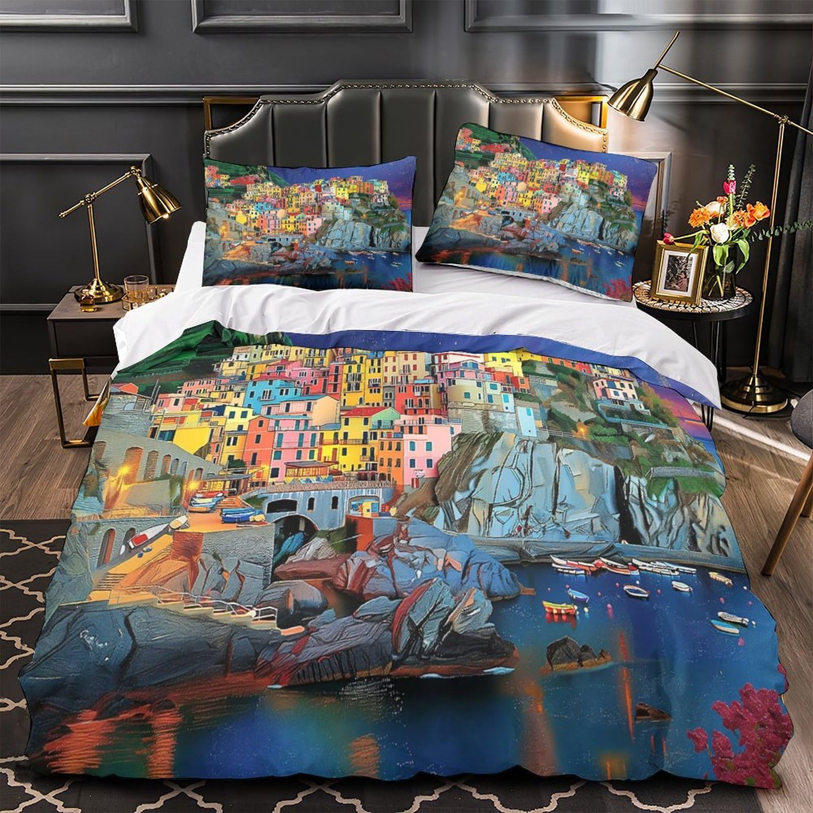 Housse de couette avec fermeture éclair village côtier 3D
