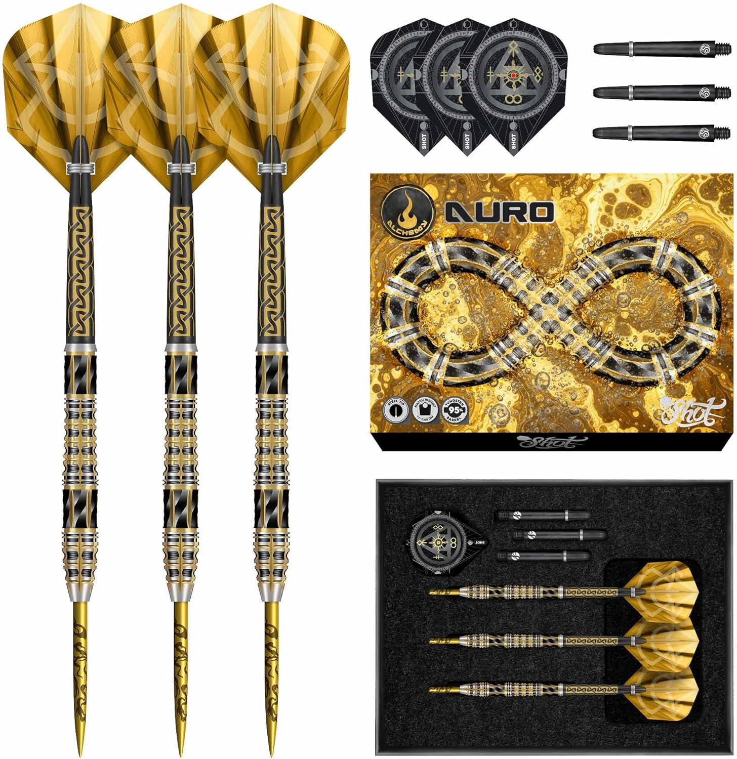 Shot! Alchemy Auro Steel Tip Dart Set-95% Tungsten Barrels Handcrafted Professional Dart Set & Flights Made in New Zealand, Steel Tip Darts for Bristle Dartboard
