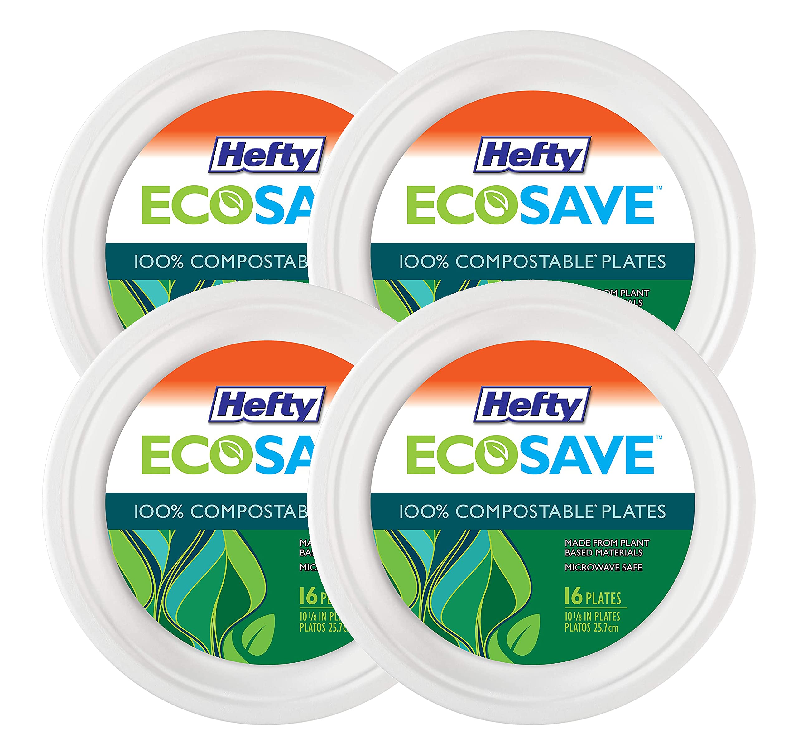 Hefty EcoSave Disposable Plates, Made from Plant Based Materials, Heavy Duty Paper Plates, 10 ⅛ Inch Disposable Plates (16 Count, Pack of 4)