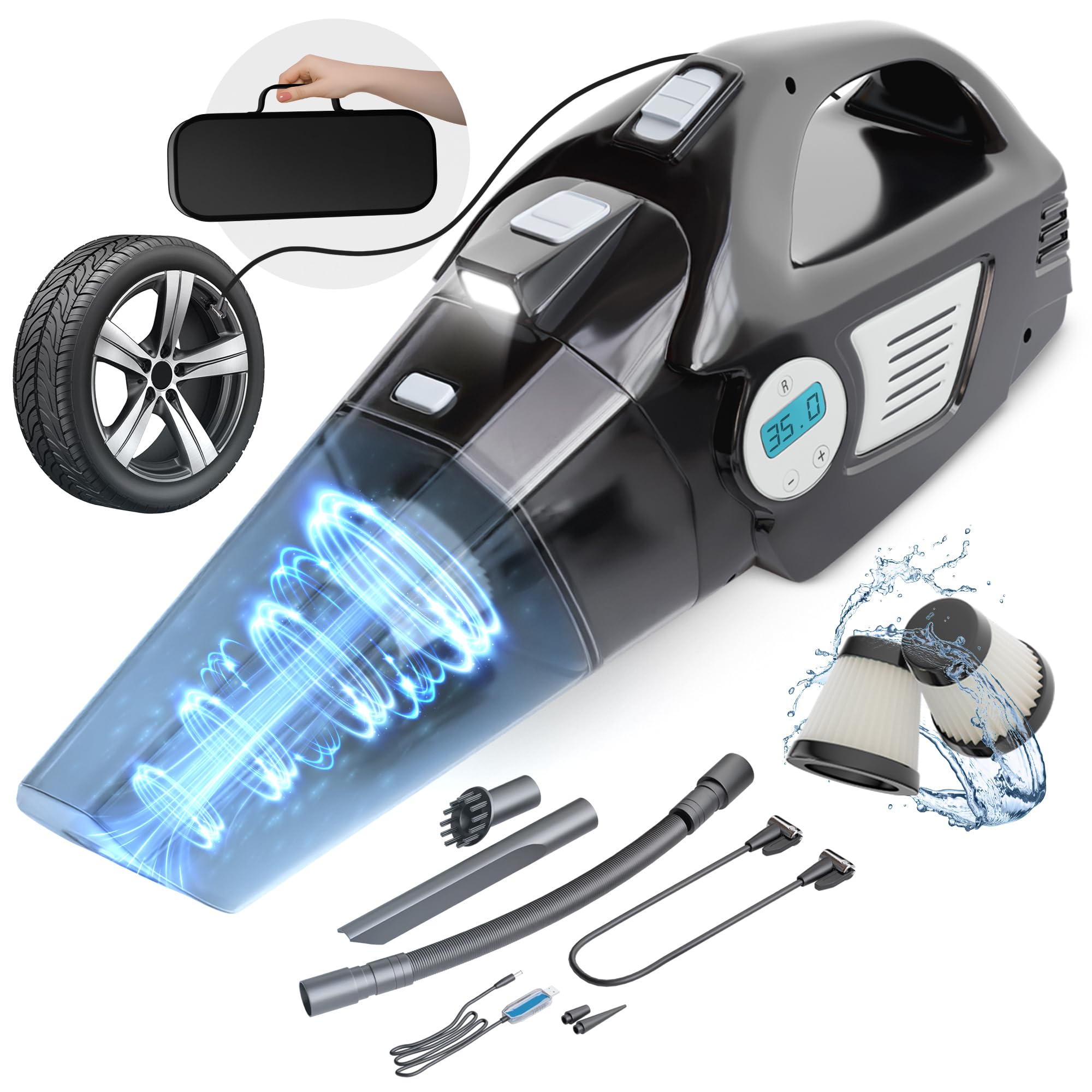 AYN 4-in-1 Cordless Handheld Car Hoover & Tyre Inflator – Strong Suction (120W), LED Light, Digital Air Pump (150PSI), 6000mAh Battery – for Car, Home and Pet Hair