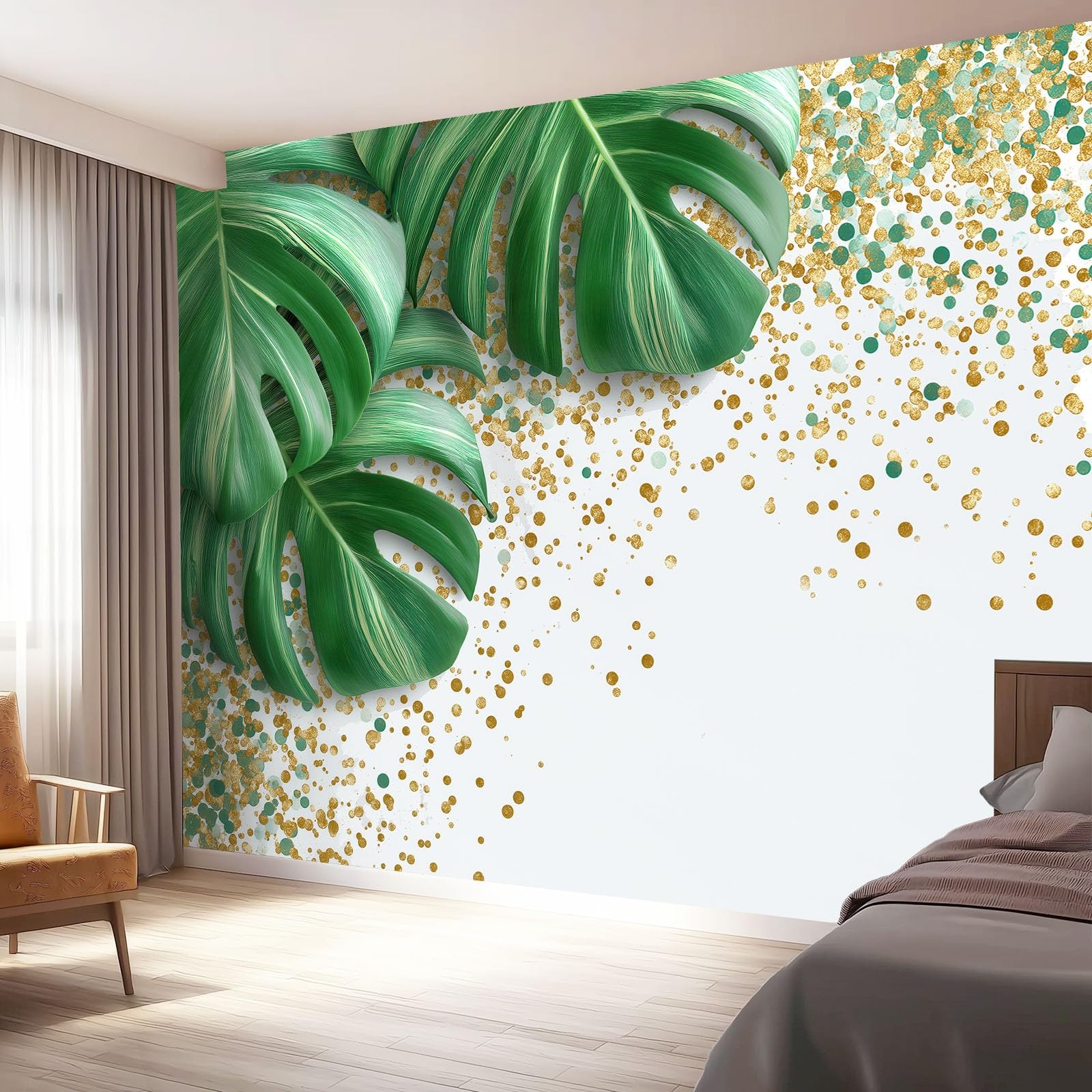 Tapeta z włókniny 400 x 280 cm, Monstera Plakat na ścianę do kuchni, sypialni, salonu, pokoju dziecięcego, dekoracja ścienna złota zieleni