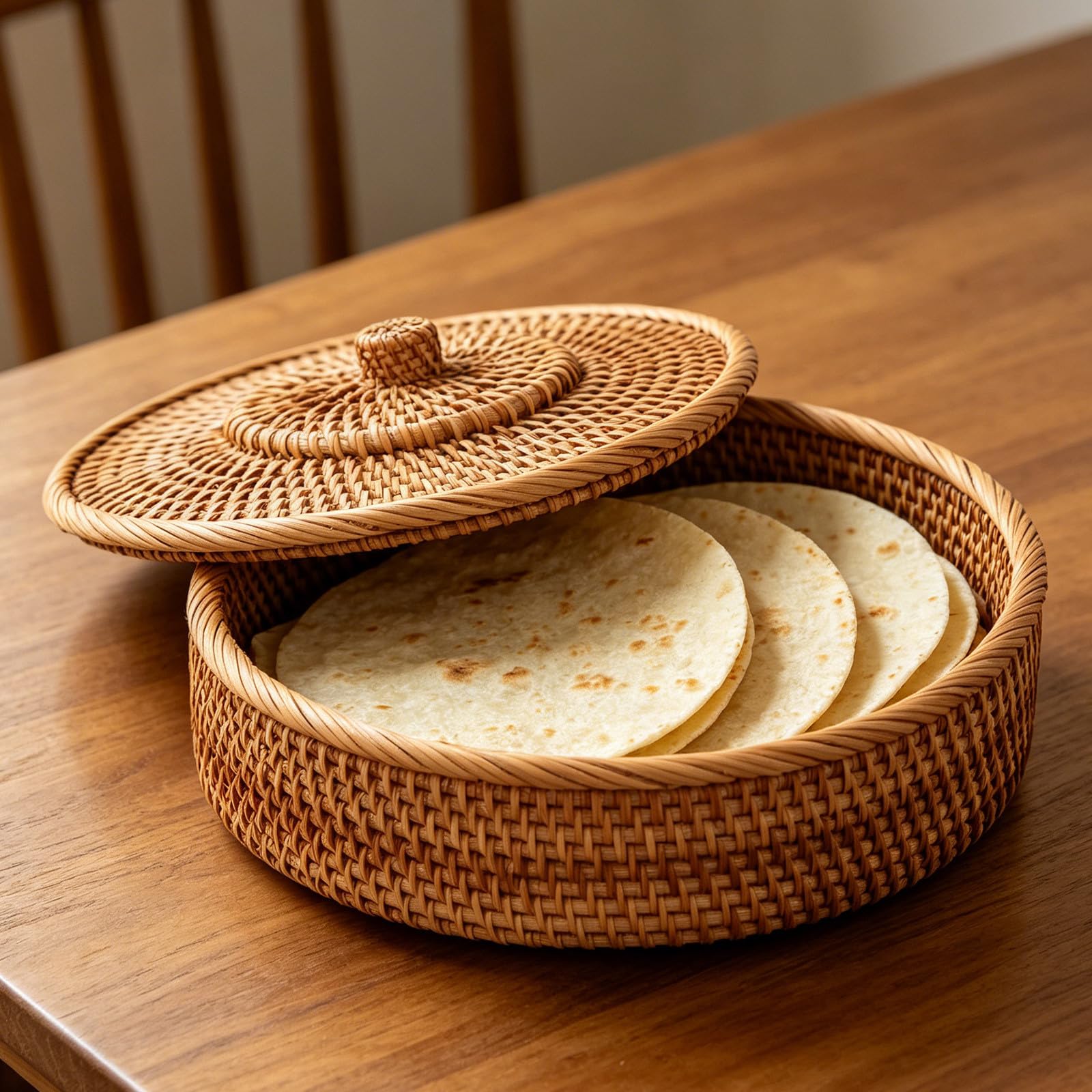 Koszyk do podgrzewania pieczywa - 10-calowy koszyk z pokrywką z rattanu na tortille z zakwasem - pleciony pojemnik do podgrzewania naleśników na meksykańskie przyjęcie Taco Tuesday