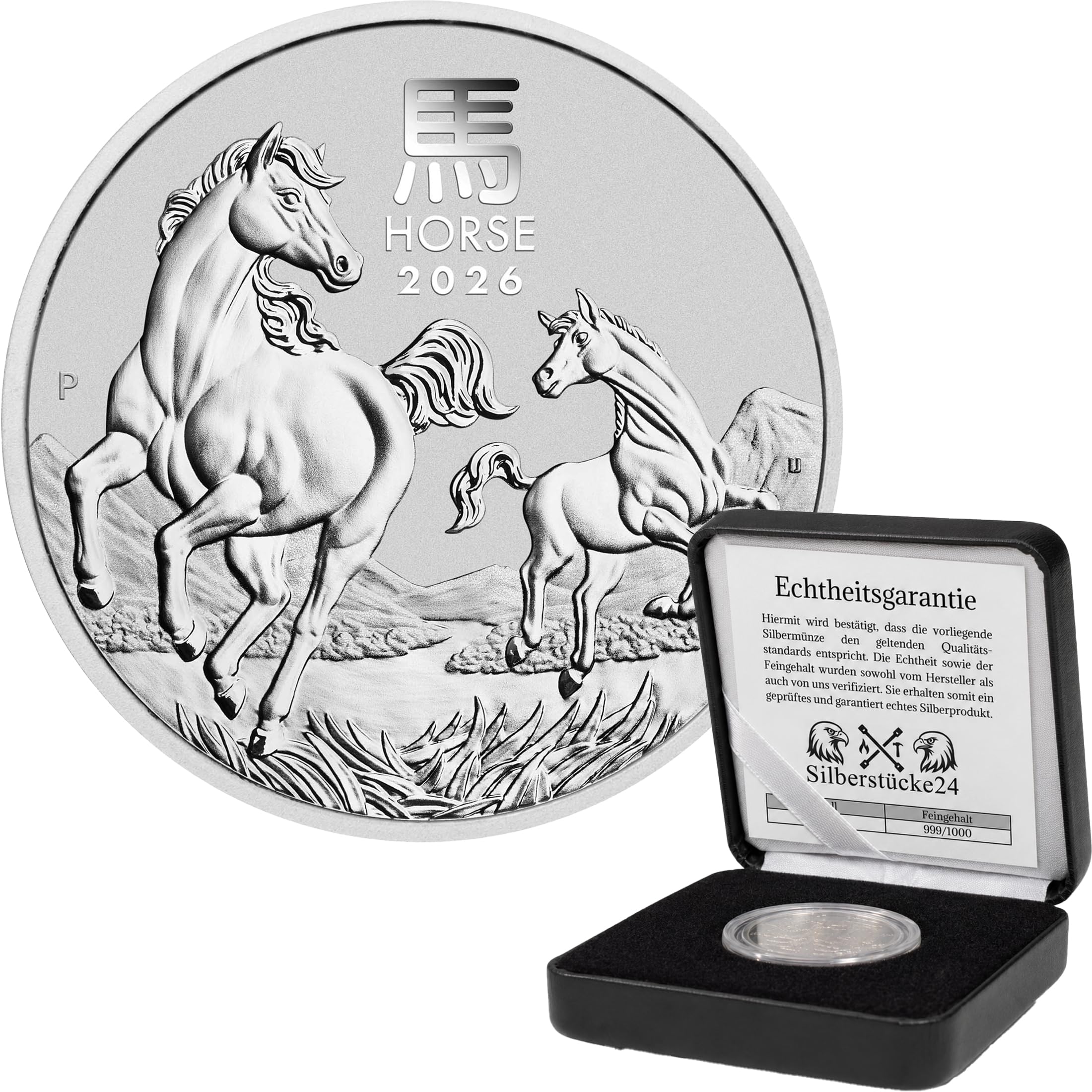 Silbermünze Lunar III Pferd 2026 | Feinsilber 999,9 | Wahlweise 1 oz oder 1/2 oz | In Münzkapsel & schwarzem Etui | Inkl. Grußkarte und Echtheitsgarantie (1/2oz Silbermünze)