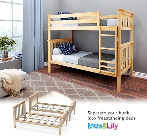 Miniatura 130 de Max & Lily - Litera de tamaño individual sobre matrimonial con escalera, base de cama de madera maciza para niños, barandillas de seguridad de 14