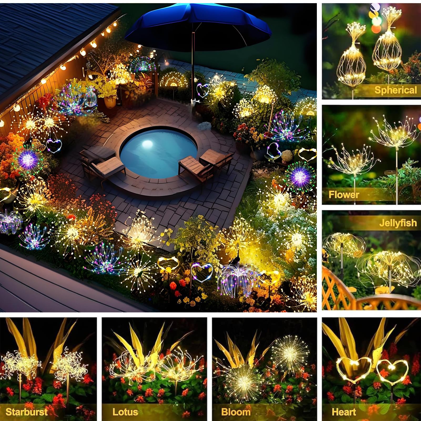 Hqynss Solar Firework Garden Lights 2 Pack, 120 LED Warm White Starburst Lights, 8 Modes - Image 2