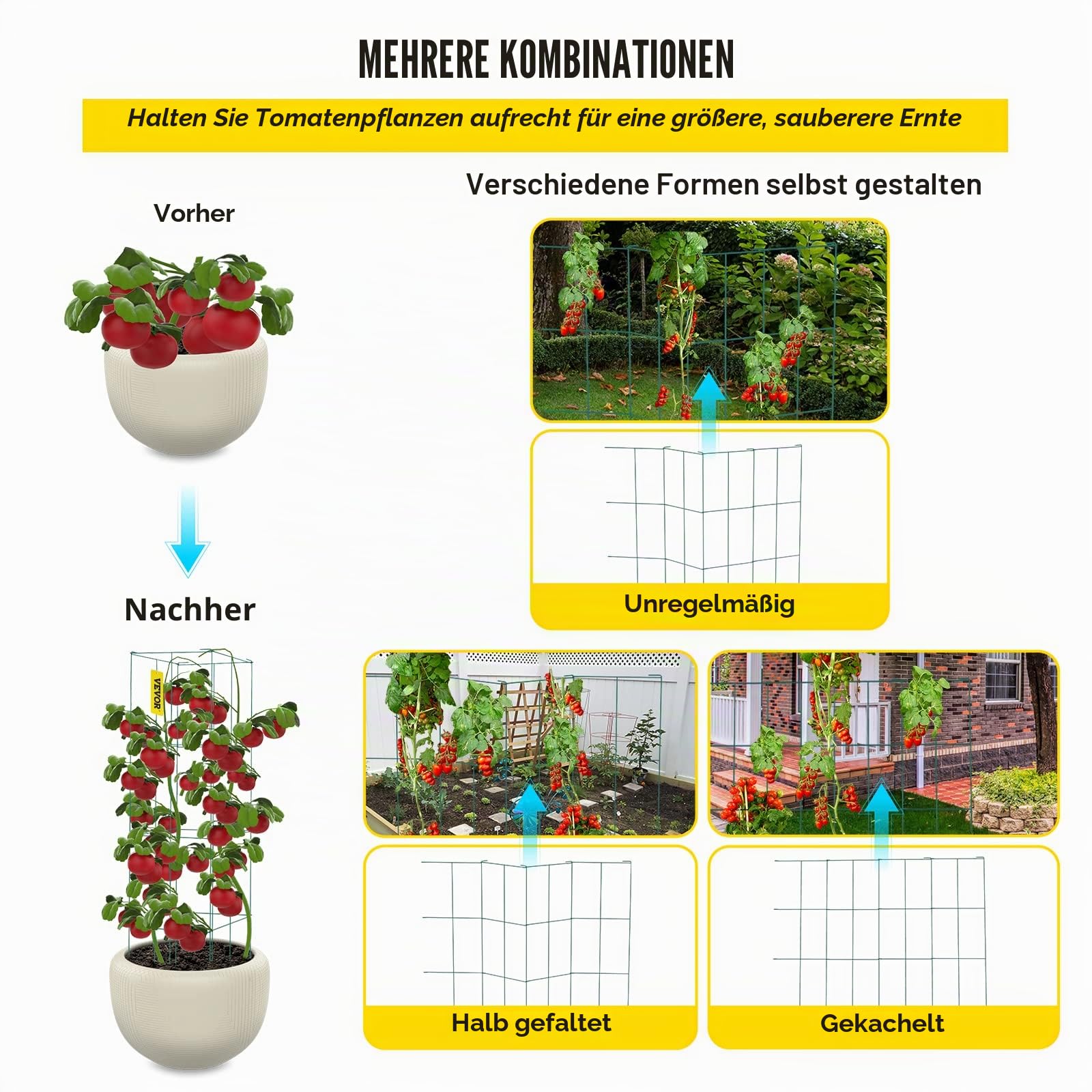 Tomatenkäfige, 37 x 37 x 100 cm, 6er-Set quadratische Pflanzenstützkäfige, robuste, grüne Tomatentürme aus PVC-beschichtetem Stahl zum Klettern von Gemüse, Pflanzen, Blumen und Früchten