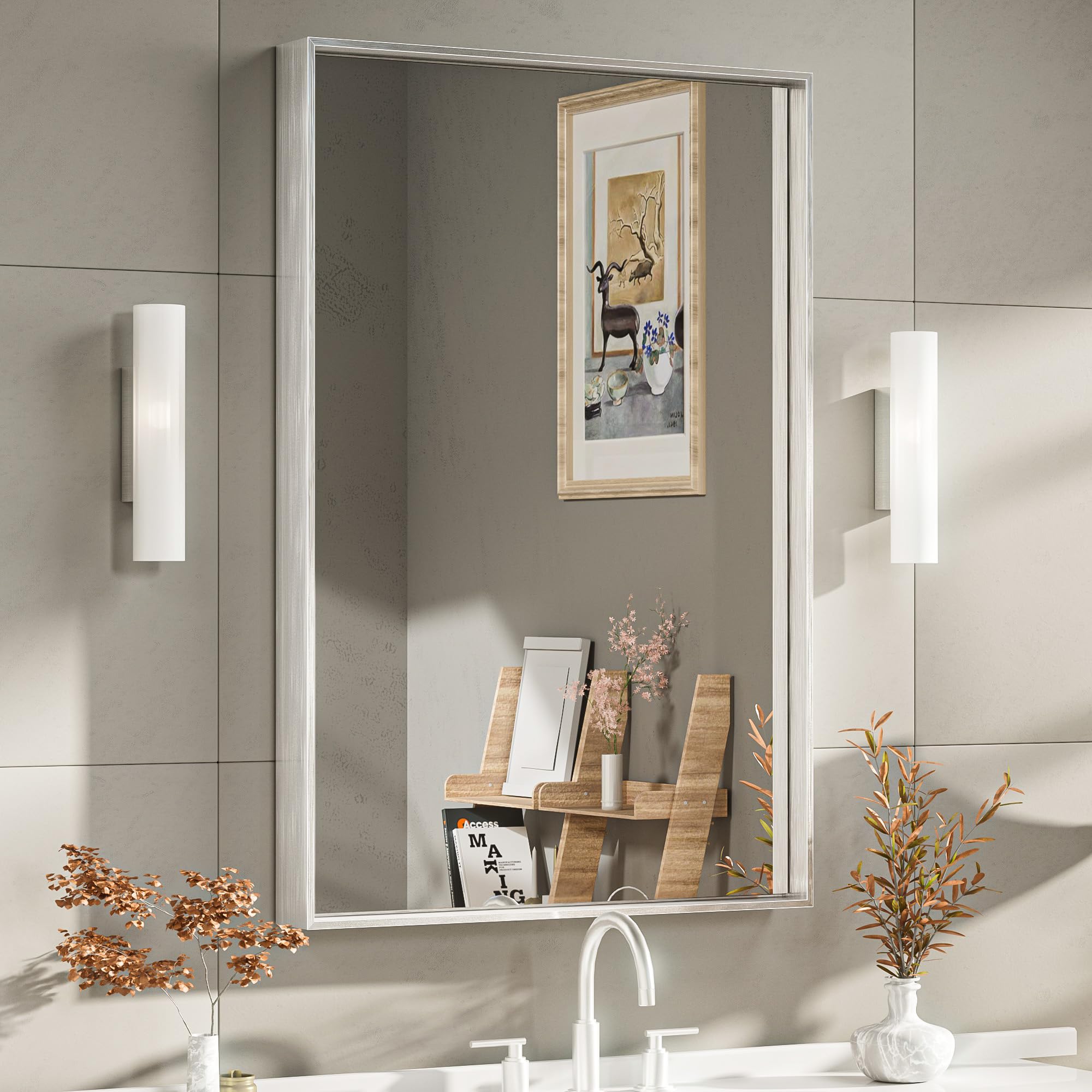 TETOTE Brushed Nickel Bathroom Mirror 24x36 Inch Silver Bathroom Mirror for Over Sink Framed Rectangle Metal Frame Farmhouse Rectangular Modern Bathroom Vanity Mirror for Wall (Horizontal/Vertical)